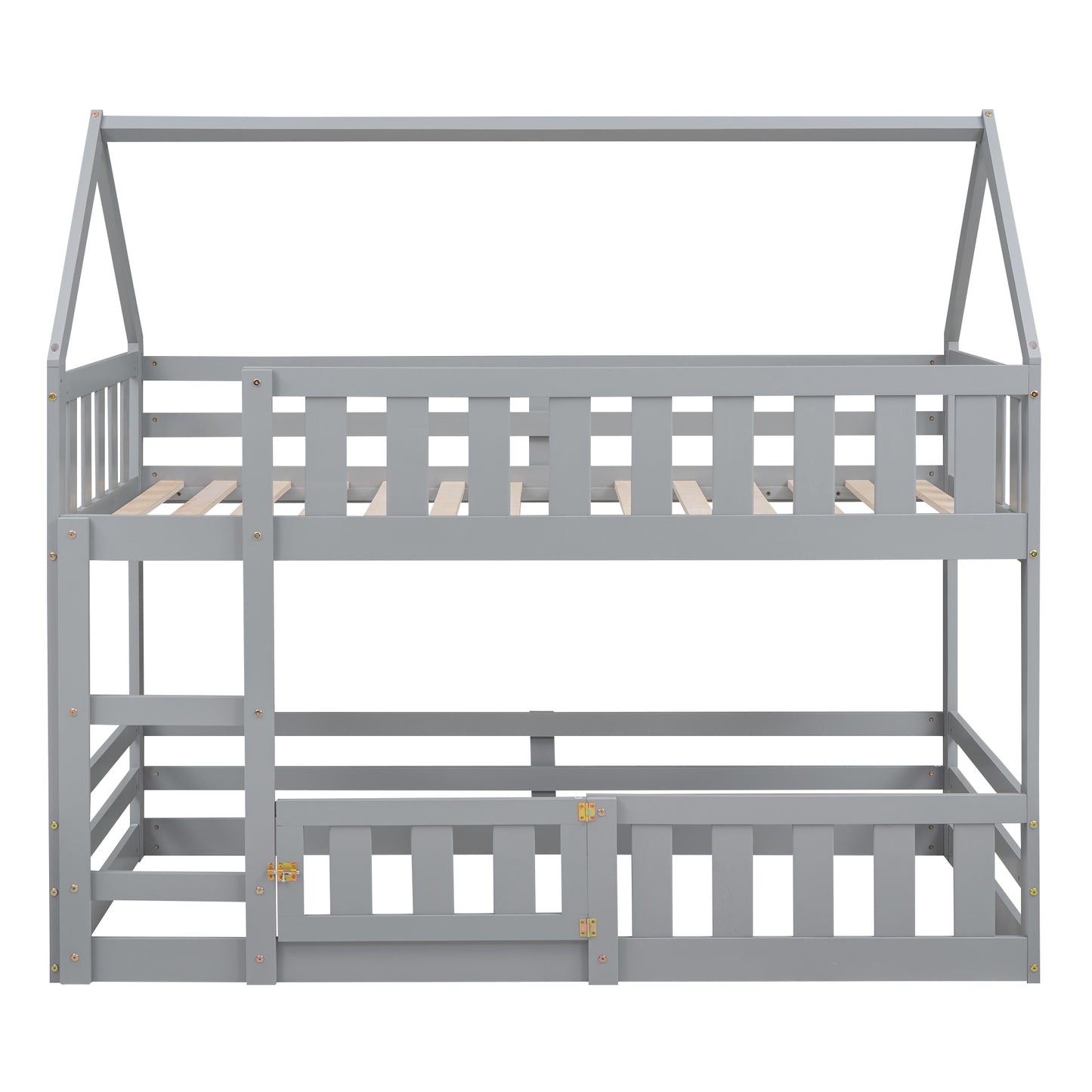 Twin House Bunk Bed with Gray Fence and Door