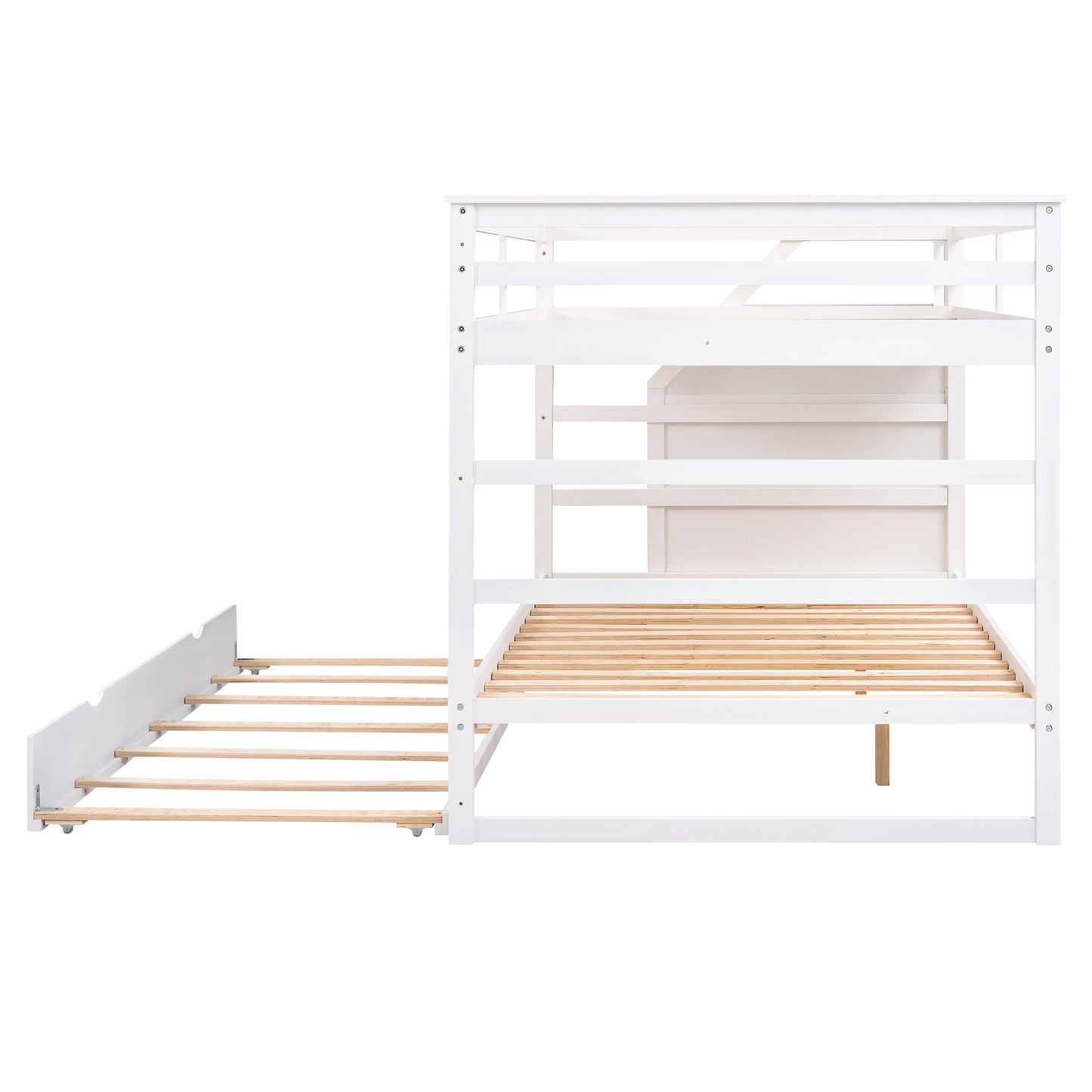 Elegant Full Bunk Bed with Trundle and Storage Stairs, White