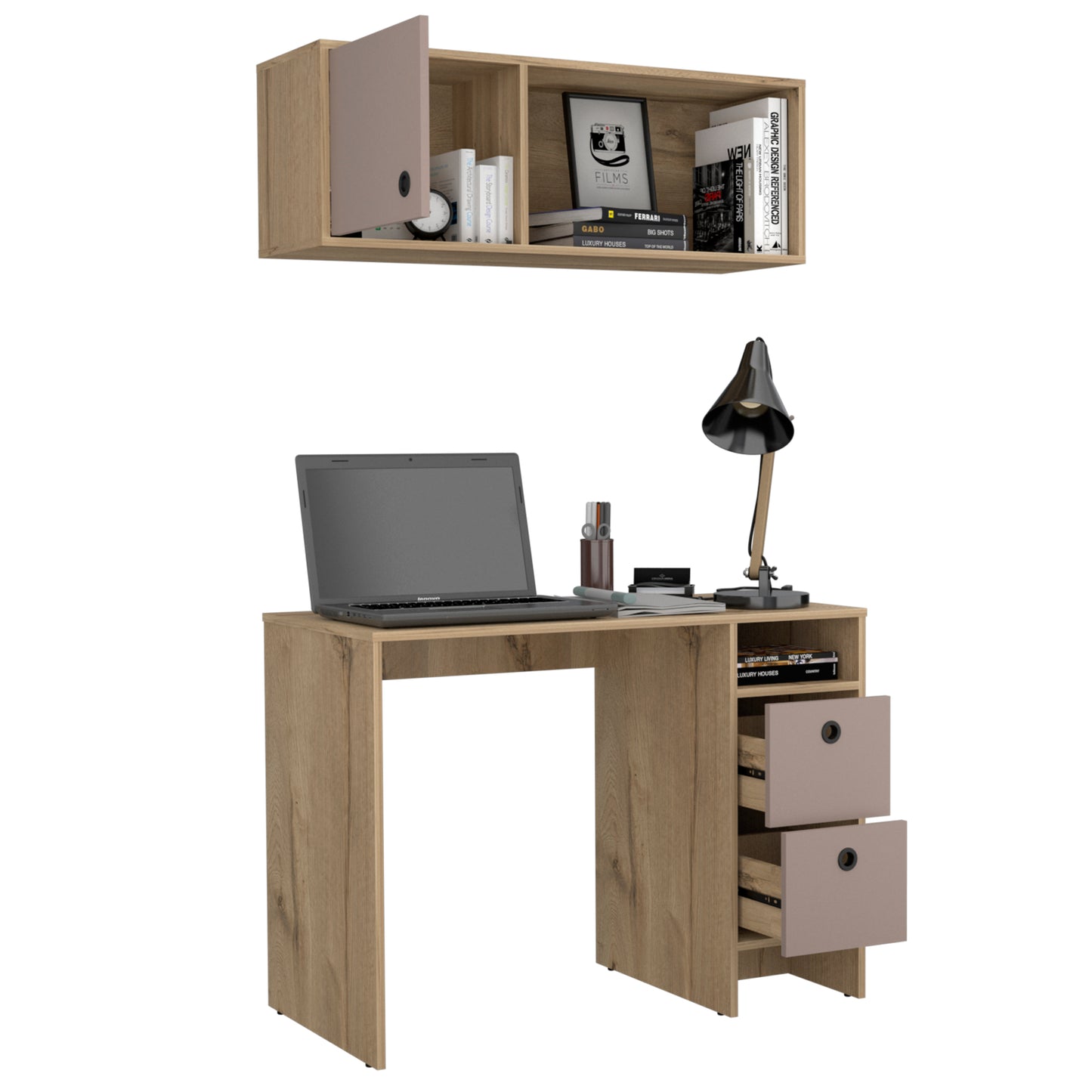 Multicolored Office Set with Desk and Wall Cabinet, Oak/Taupe Finish