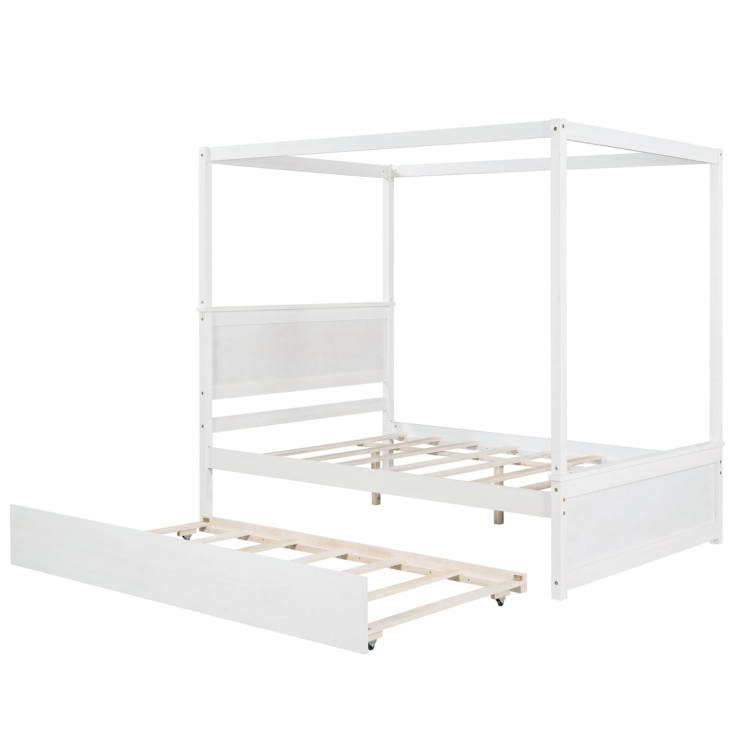 Wood Canopy Bed with Trundle Bed ,Full Size Canopy Platform bed With  Support Slats .No Box Spring Needed, Brushed White