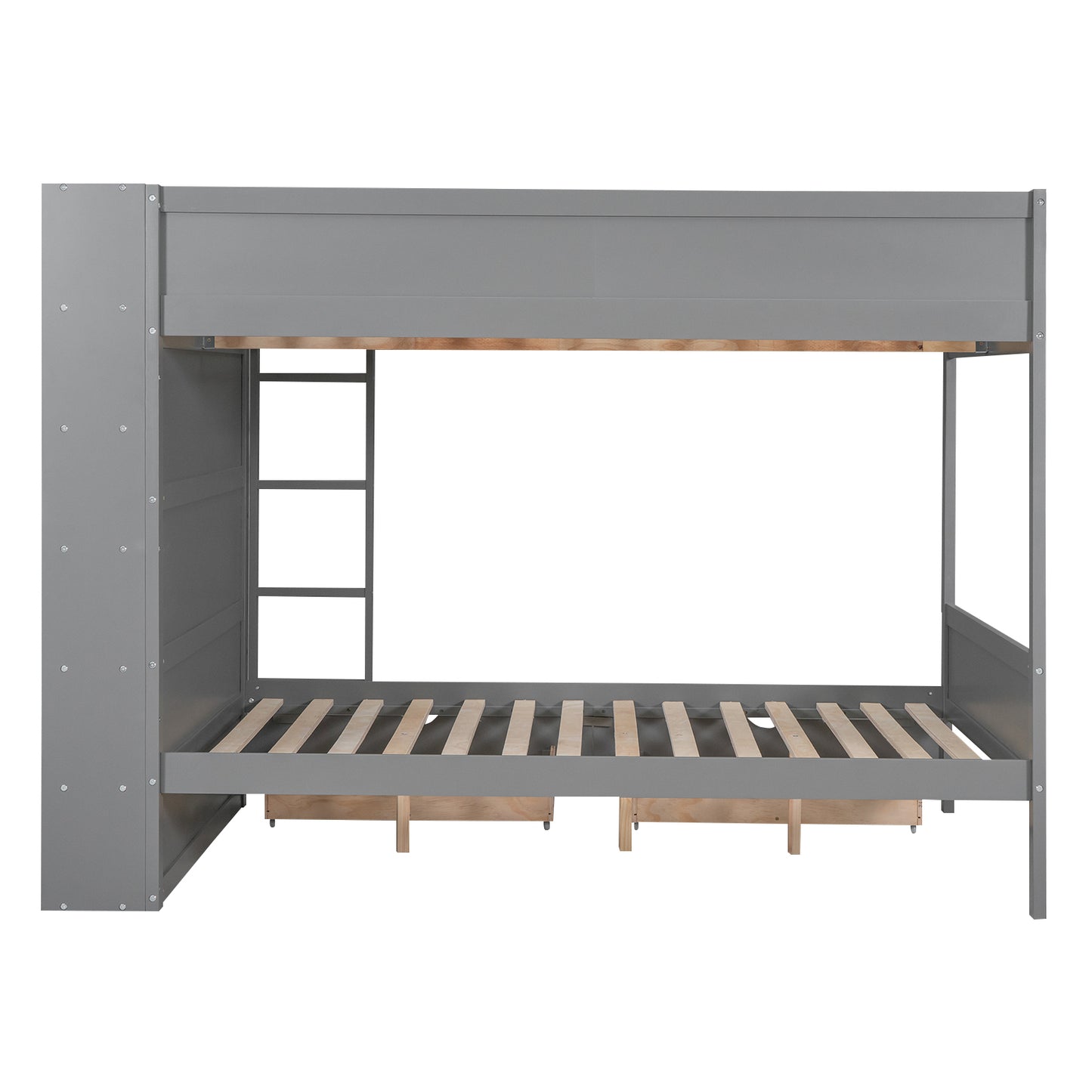 Gray Full over Full Bunk Bed with Storage Drawers and Cabinet for Kids