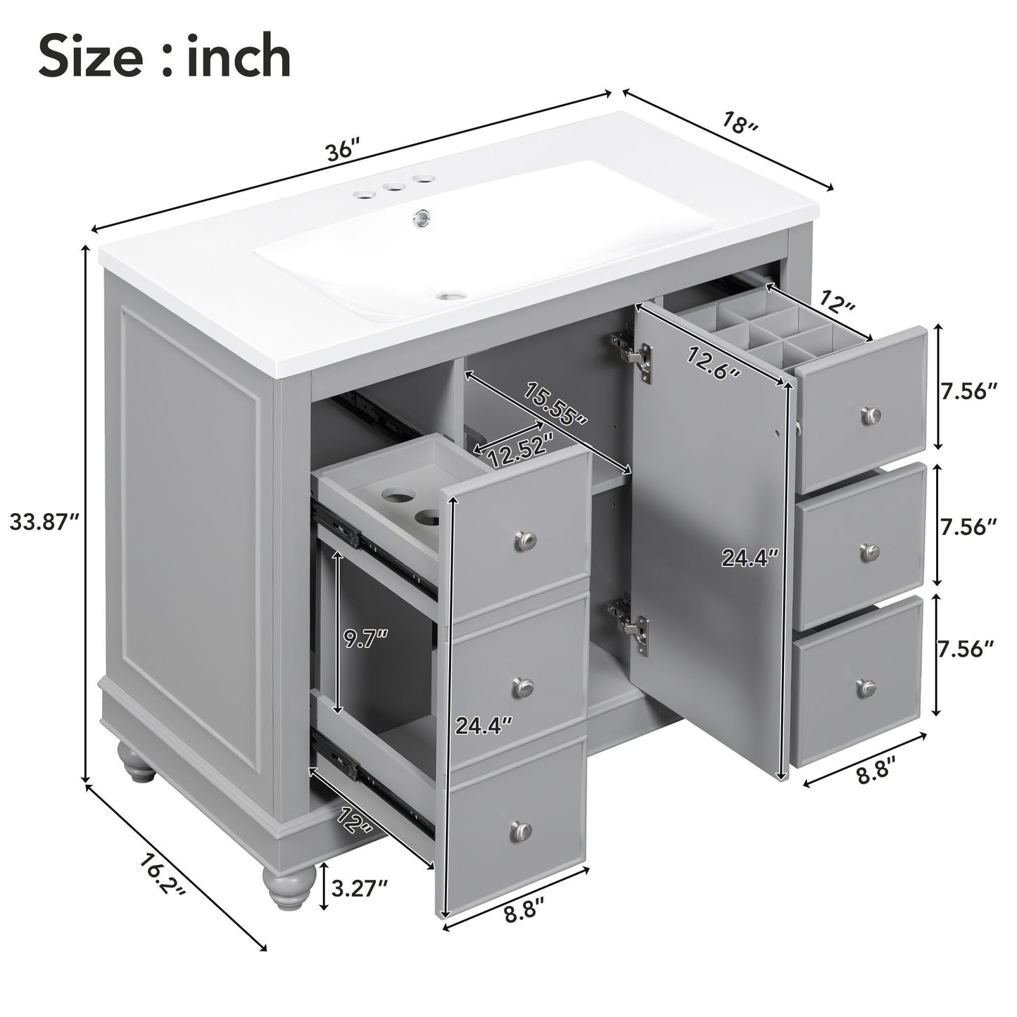 Contemporary Gray Bathroom Vanity Cabinet - 36x18x34 inches, 4 Drawers & 1 Cabinet Door, Multipurpose Storage, Resin Integrated Sink, Adjustable Shelves, Solid Wood Frame with MDF