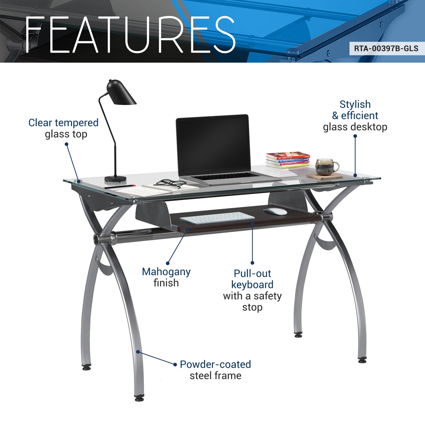 Contemporary Glass Top Computer Desk with Pull Out Keyboard Tray