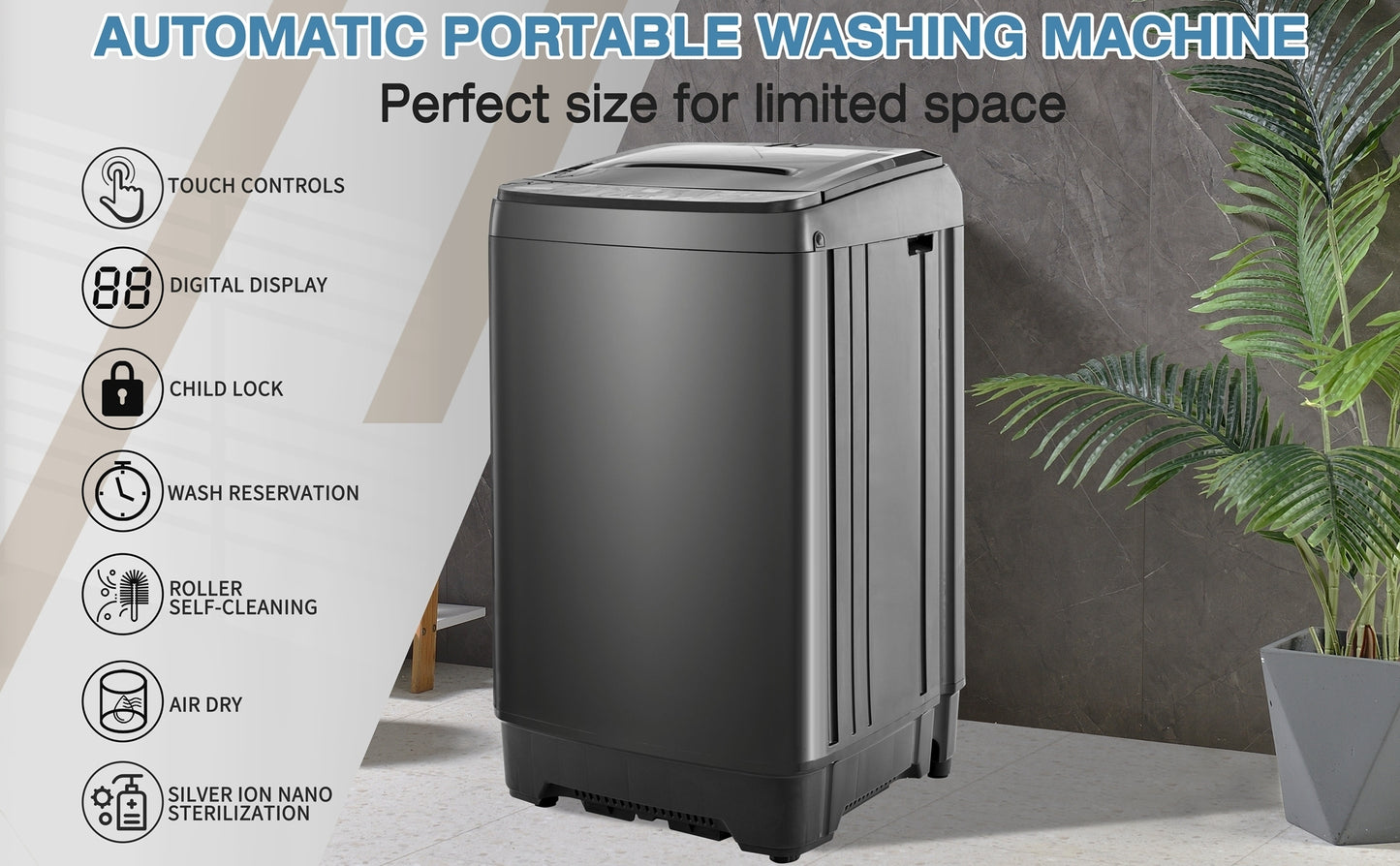 Compact home automatic washer, 17.6 lbs. of laundry, 8 water levels/10 programs for apartments, college dorms, RVs, camping and other places where space is limited