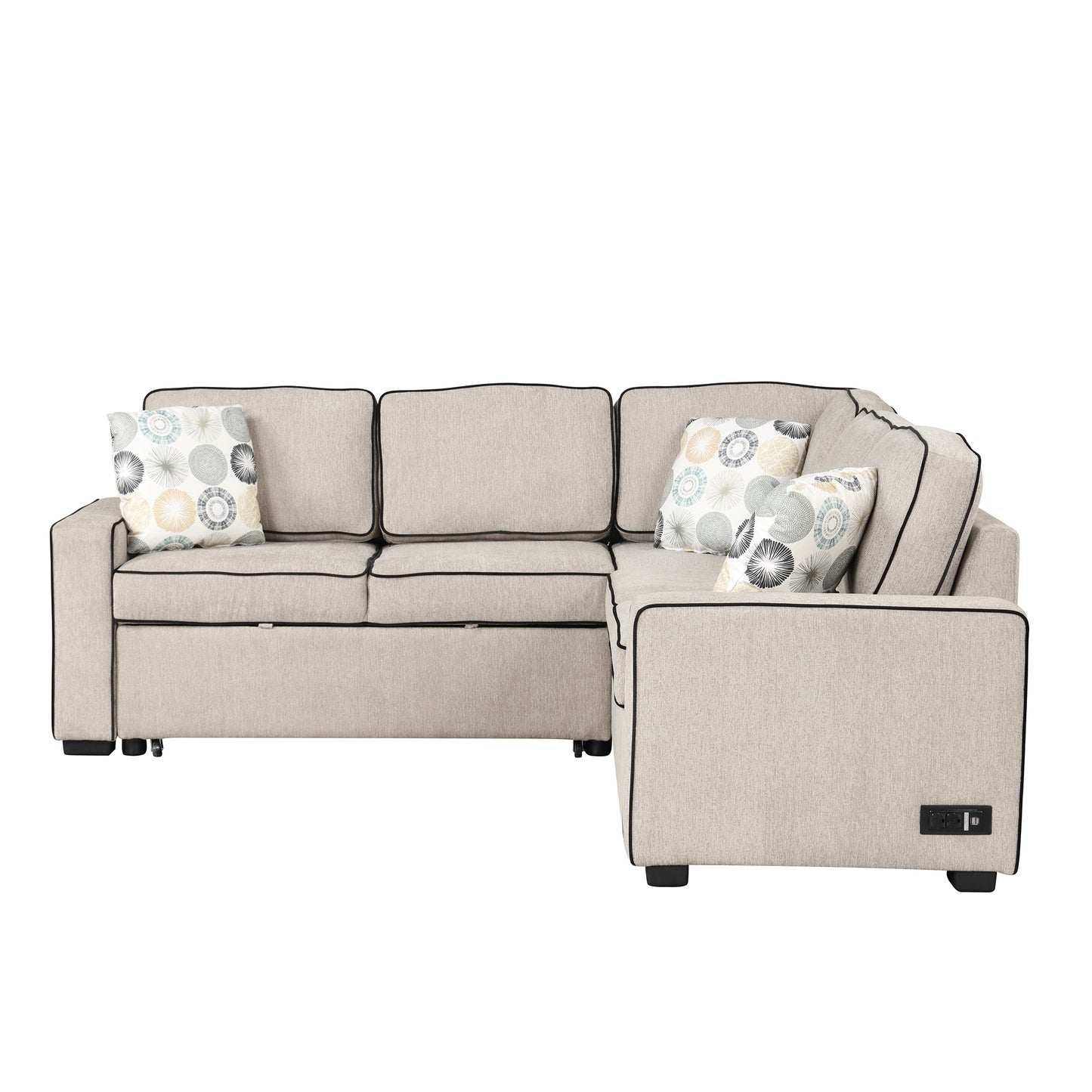 83 Cream Convertible L-Shaped Sleeper Sofa with USB Ports and Power Sockets