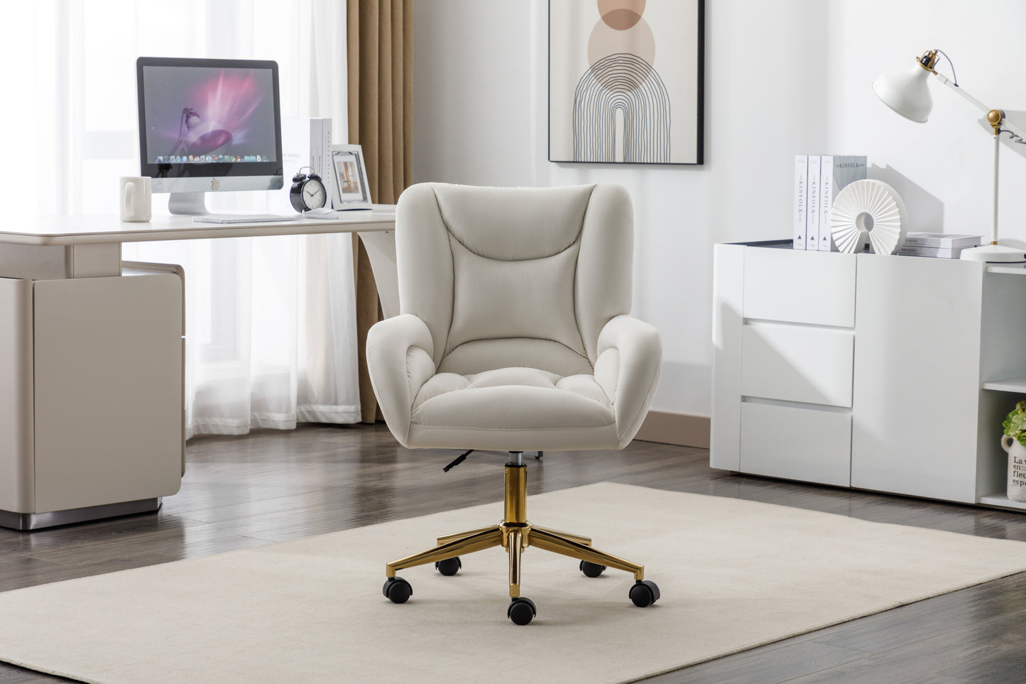 005-Velvet Fabric 360 Swivel Home Office Chair With Gold Metal Base And Universal Wheels,Ivory