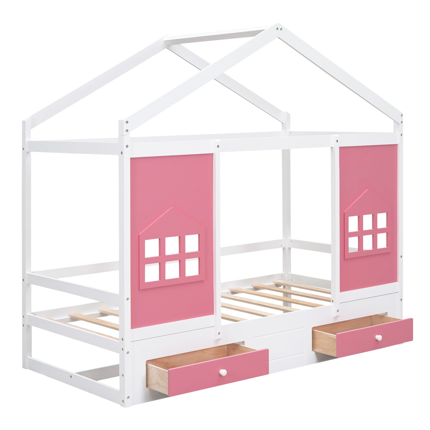 Twin Size Wood House Bed with 2 Drawers and Window Decoration, White+Pink