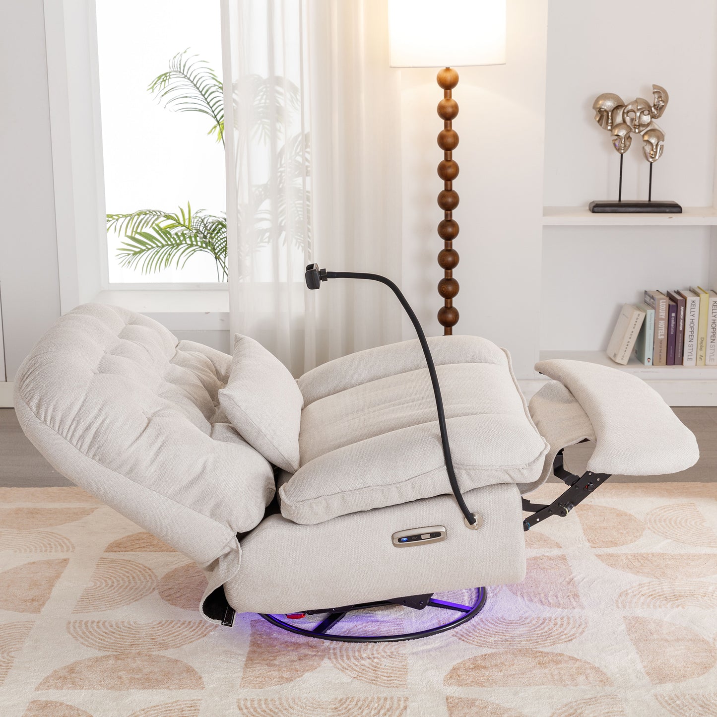 Smart Beige Power Recliner with Swivel, Voice Control, Bluetooth, USB Ports, Atmosphere Lamp, and Mobile Phone Holder