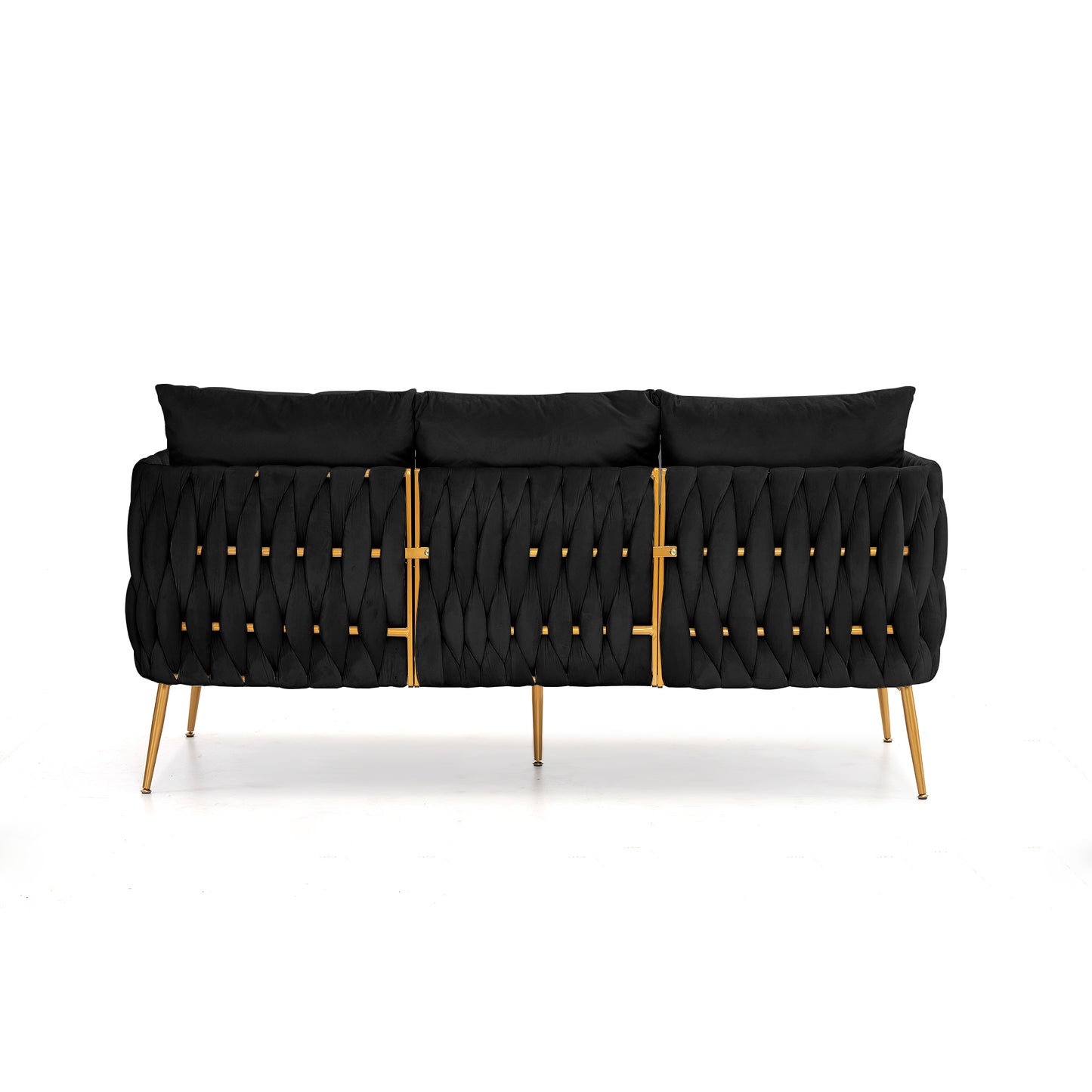 Velvet Couch Sofa for Three People , Upholstered Sofa with Stylish Woven Back, Small Comfy Couch with 3 Pillows, Modern 3-Seat Sofa with Gold Frame for Living Room , Black Velvet