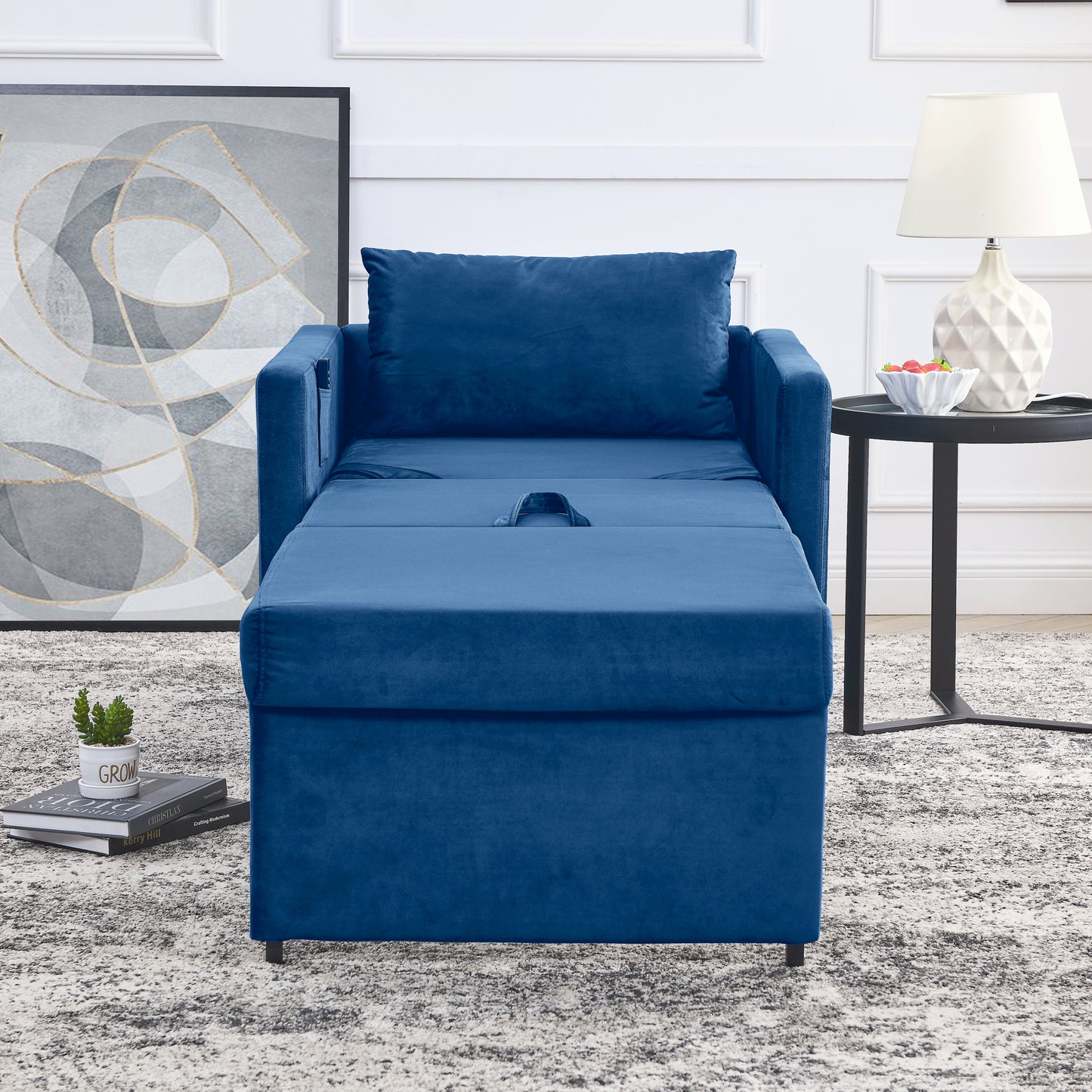 Sofa Bed Chair 2-in-1 Convertible Chair Bed, Lounger Sleeper Chair for Small Space with One Pillow, Blue Velvet