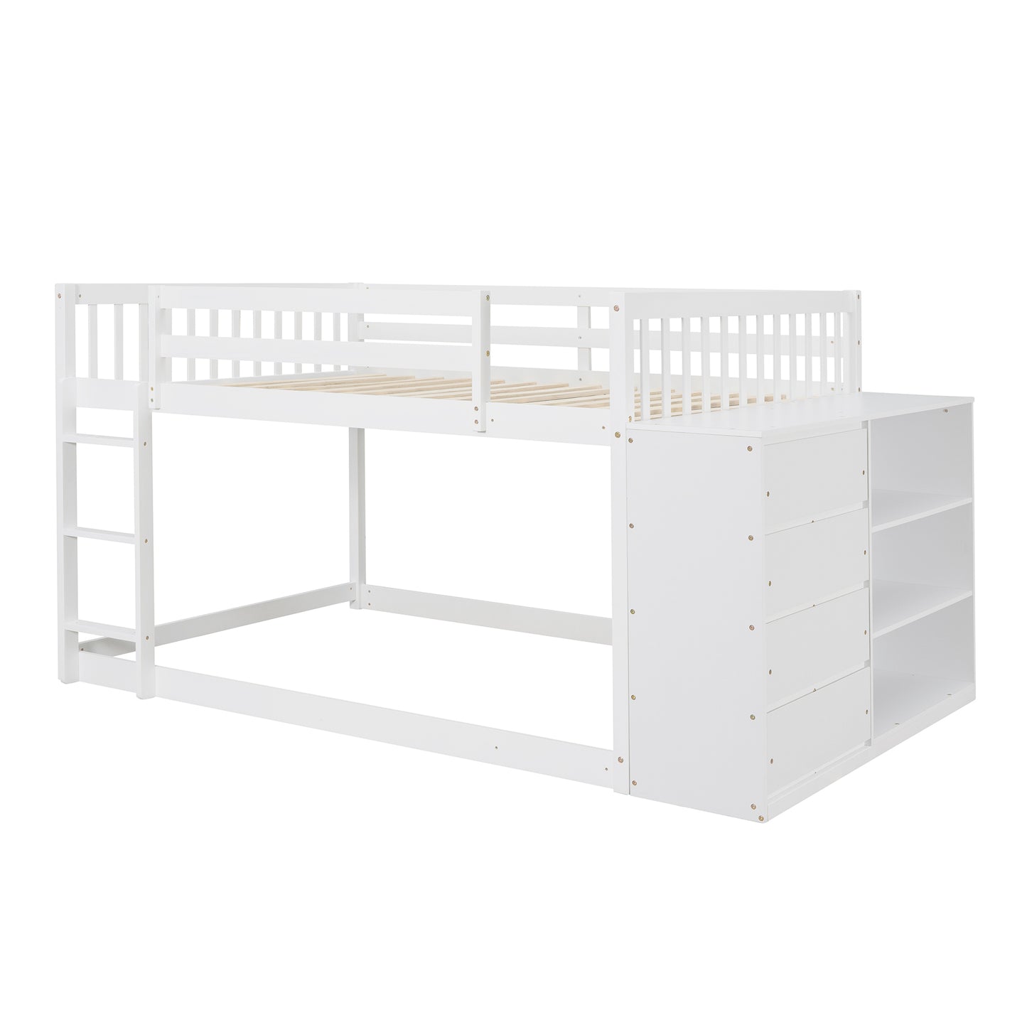 White Full over Full Bunk Bed with Storage, Shelves, and Drawers