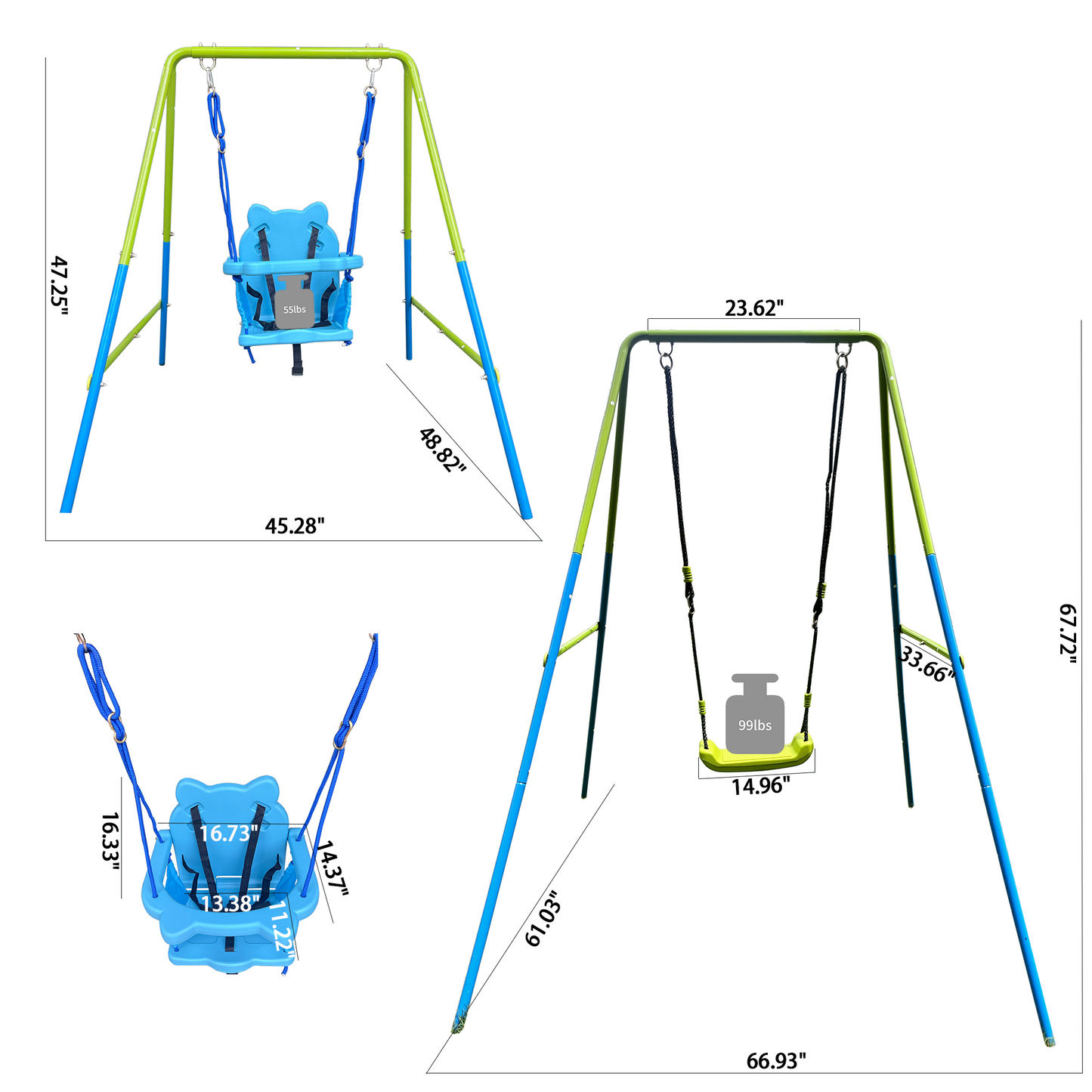 Versatile 2-in-1 Baby Swing in Lemon Green and Sky Blue - Safe Outdoor Playground Swing Set for Children Ages 3+