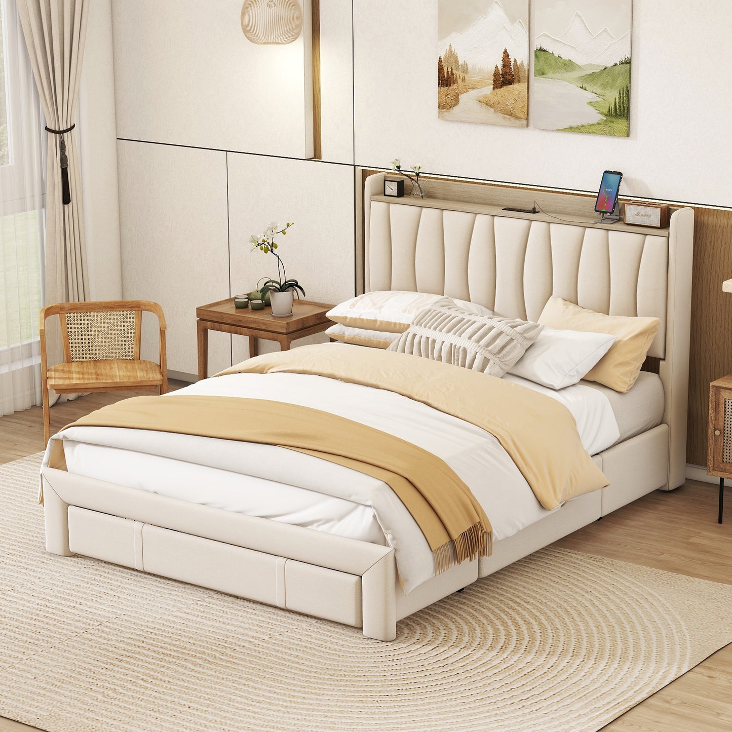 Queen Size Bed Frame with Storage Headboard and Charging Station, Upholstered Platform Bed with 3 Drawers, No Box Spring Needed, Beige