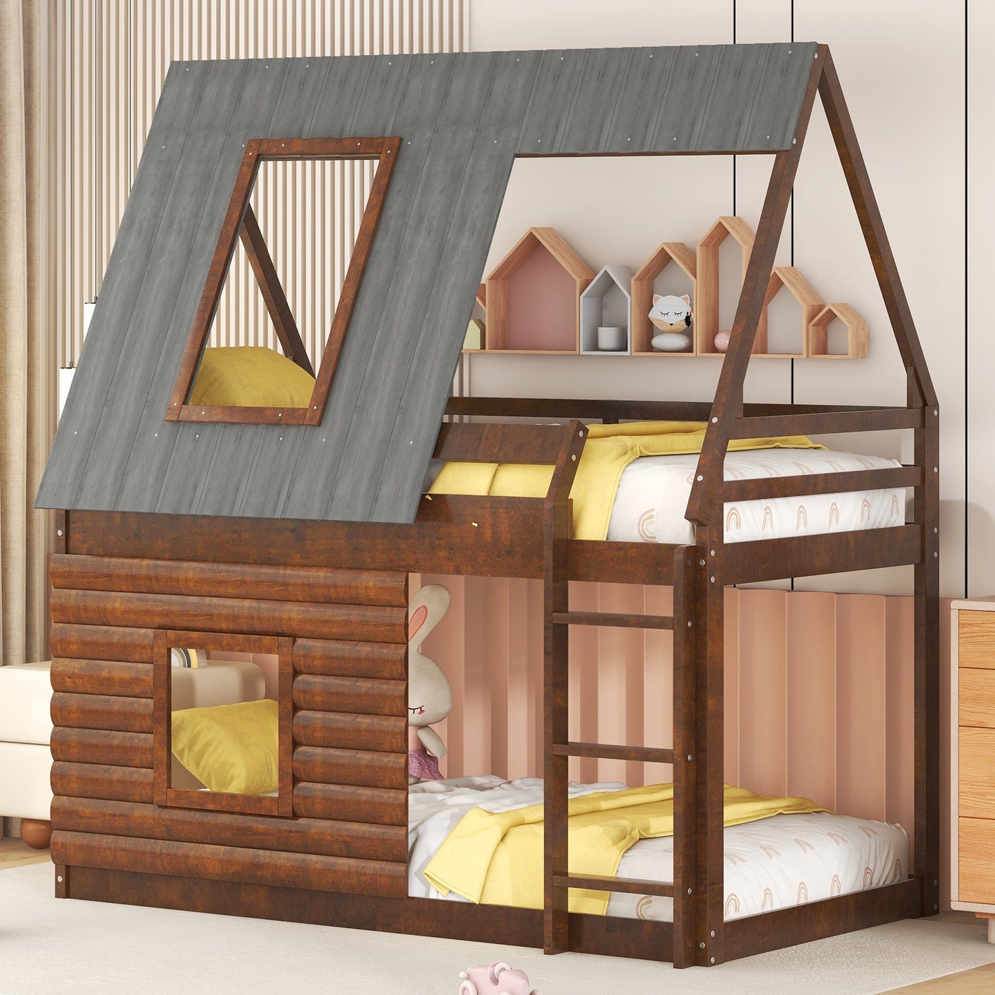 Cozy Rustic Oak and Smoky Grey House Bunk Bed with Roof, Ladder, and Windows for Kids