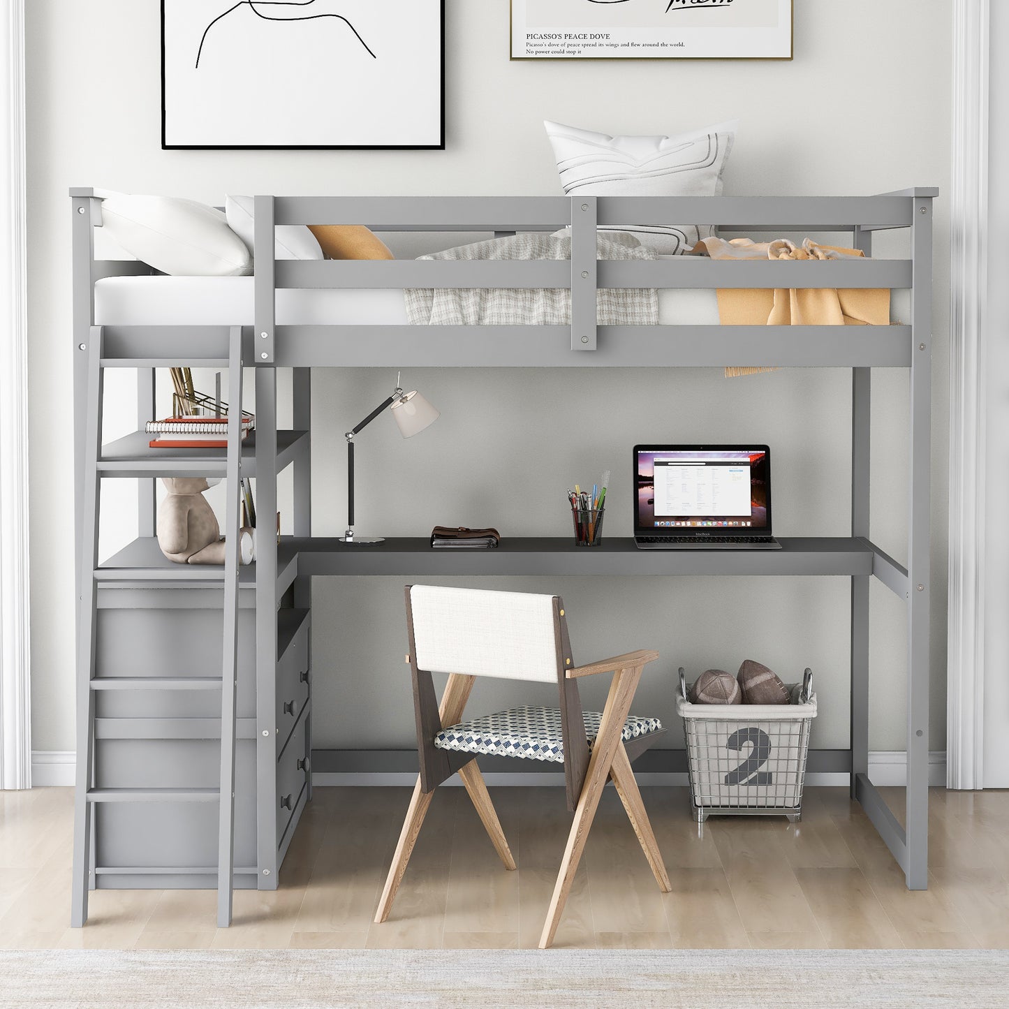 Twin Size Loft Bed with Desk and Shelves, Two Built-in Drawers, Gray(:GX000803AAE-1)