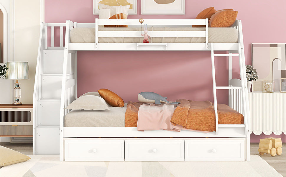 White Bunk Bed with Drawers, Ladder, and Storage Staircase for Twin and Full Sizes