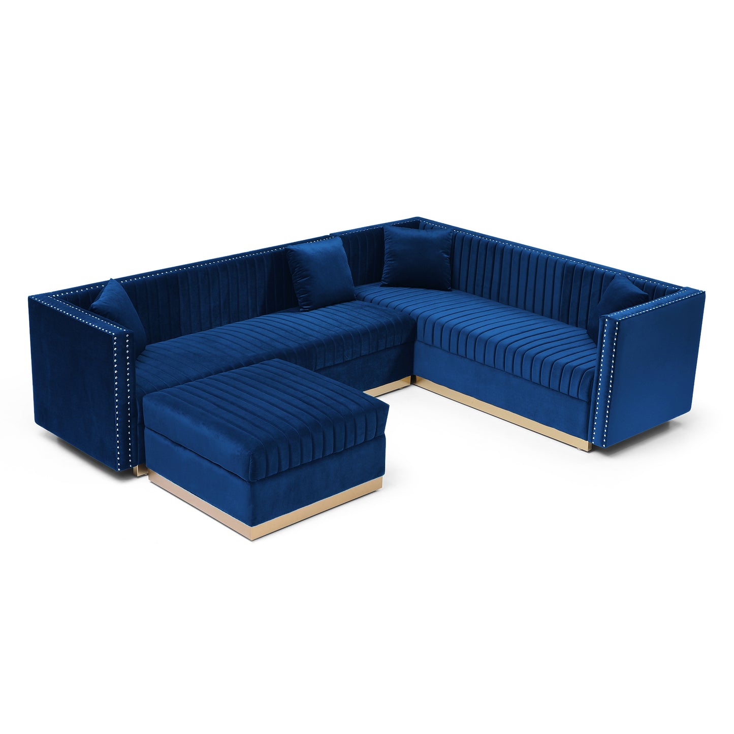 Blue Velvet L-shaped Sectional Sofa with Ottoman and 4 Pillows for Modern Living Rooms