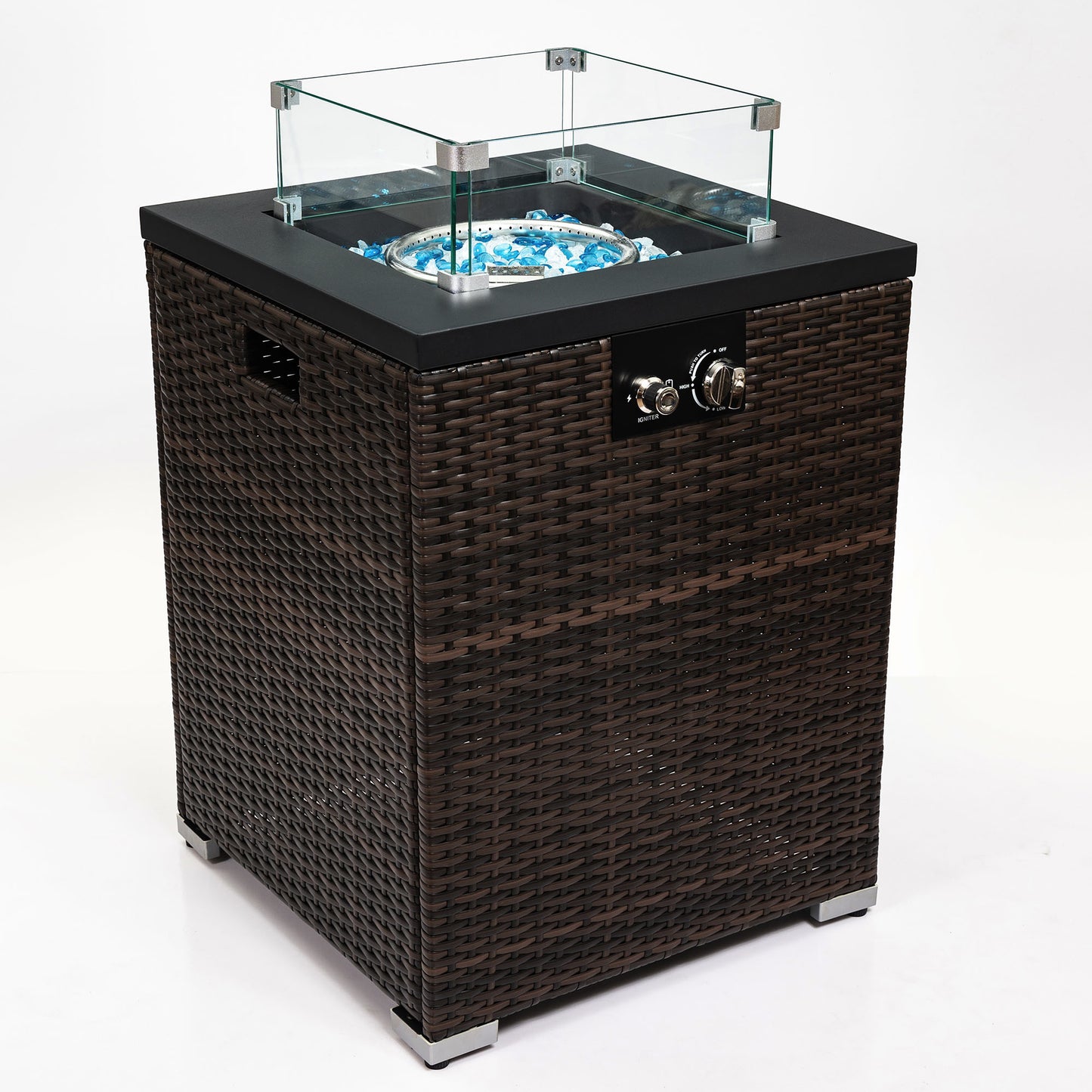 Outdoor Wicker Propane Fire Pit Column with Glass Wind Guard