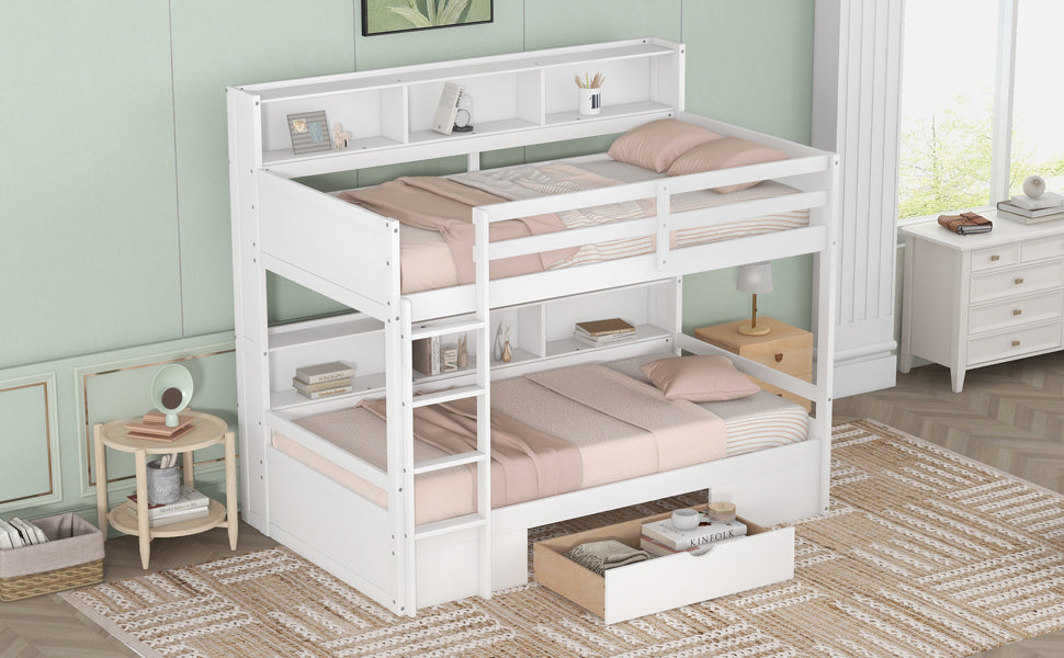 White Twin Size Bunk Bed with Underbed Storage Shelves and Drawer