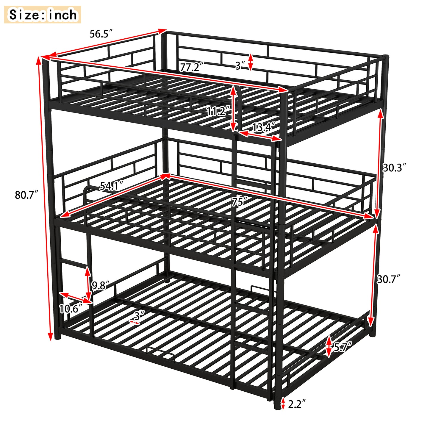 Durable Steel Full Size Triple Bunk Bed in Elegant Black