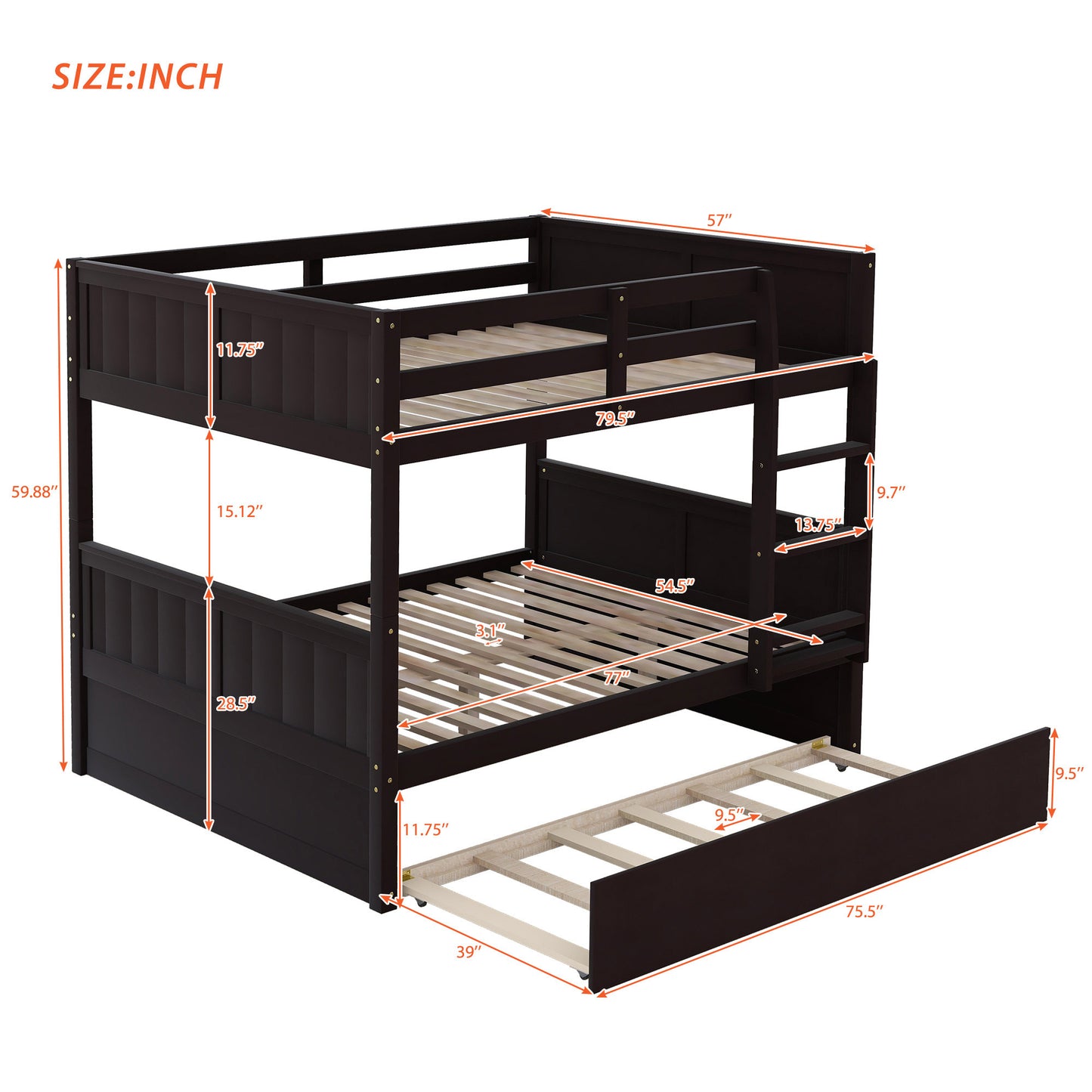 Full-Over-Full Bunk Bed with Twin Trundle - Espresso Finish