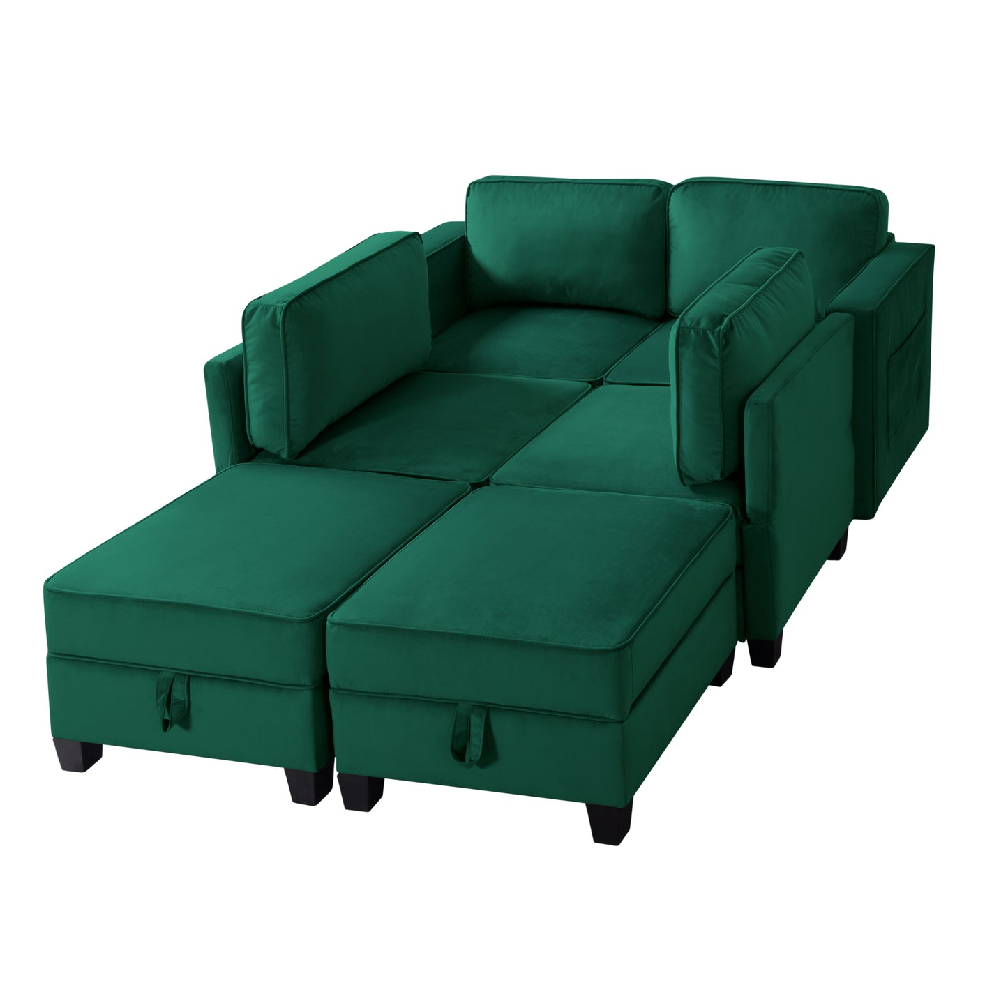 Modular Green Velvet Sectional Sofa with Ottoman and Hidden Storage