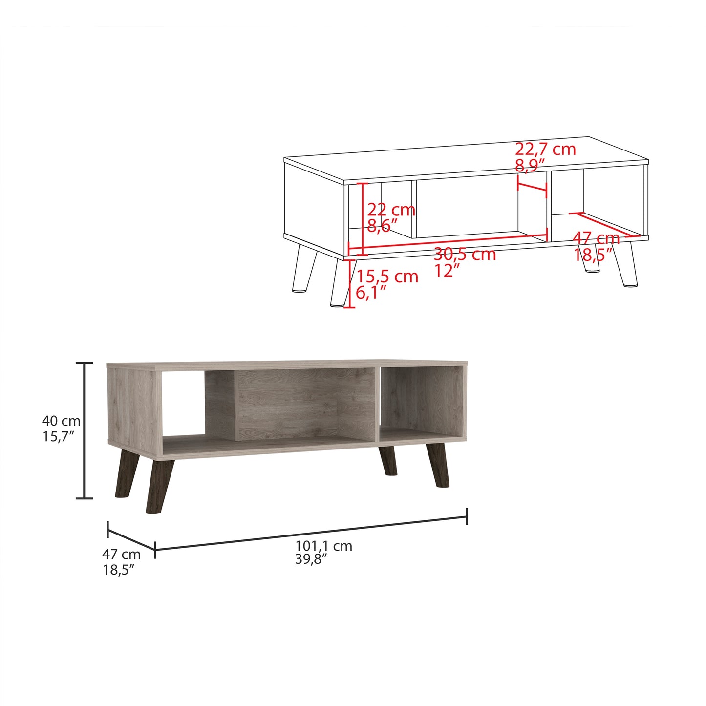 Coffee Table Plex with Light Gray Finish, Two Open Shelves, and Sturdy Legs