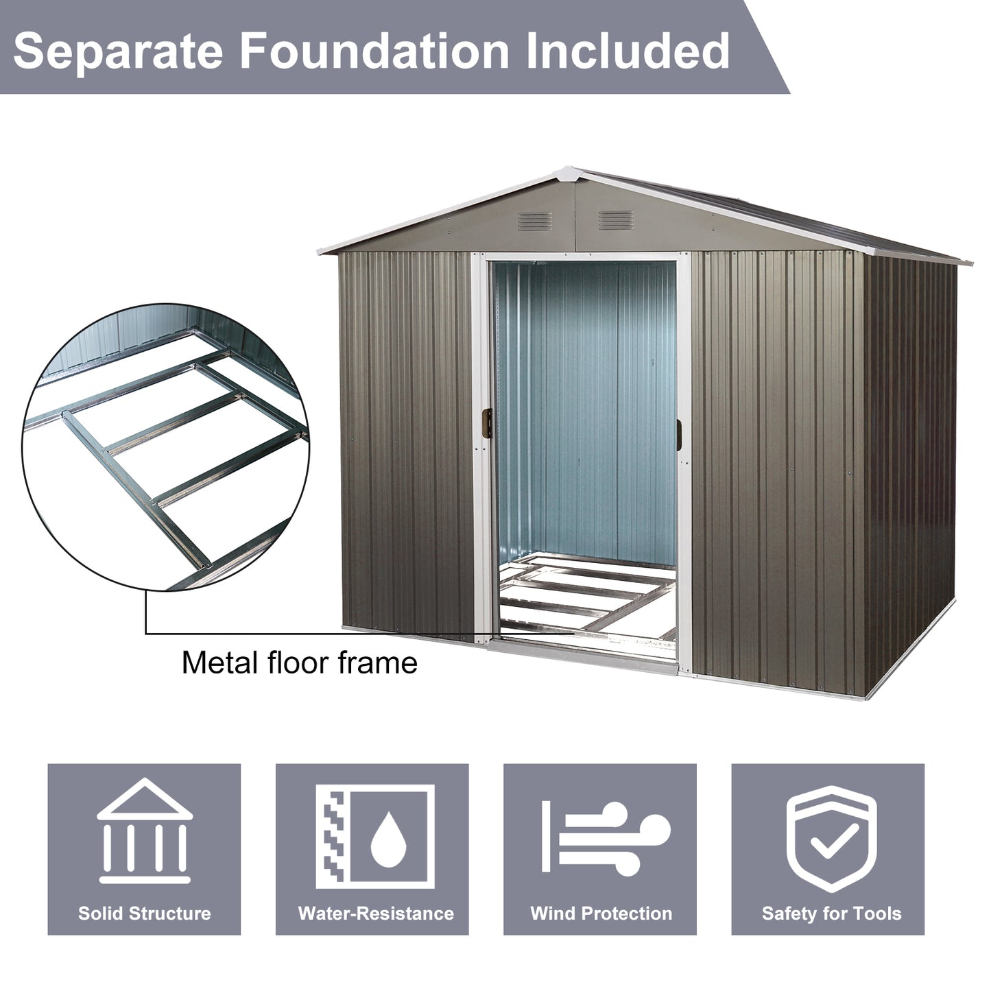 6ft x 8ft Outdoor Metal Storage Shed with Floor Base,Gray