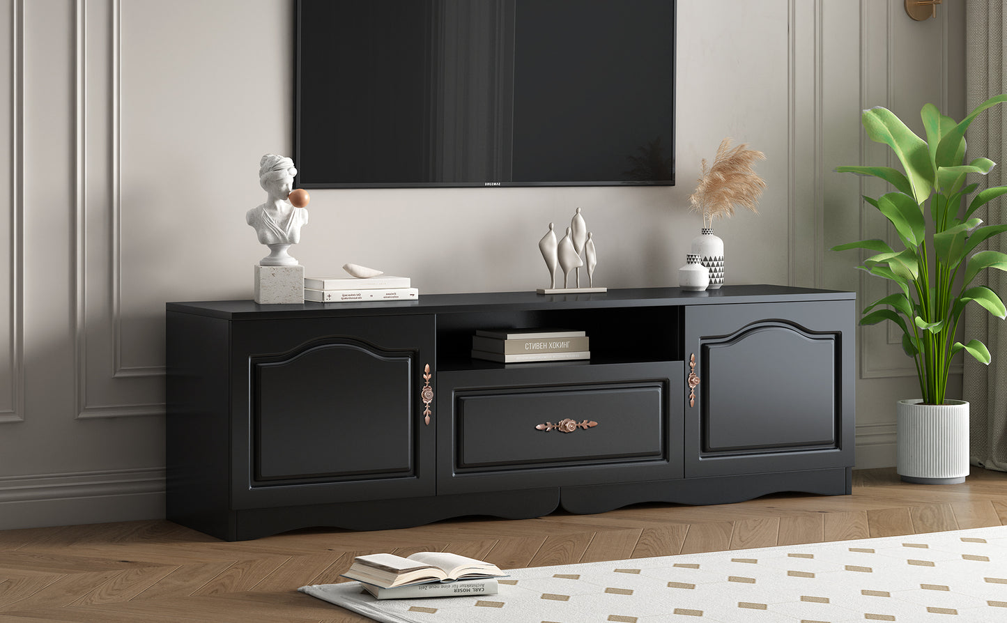 Elegant Black TV Stand with Storage for 60+ Inch TV, Modern Console Cabinet Furniture