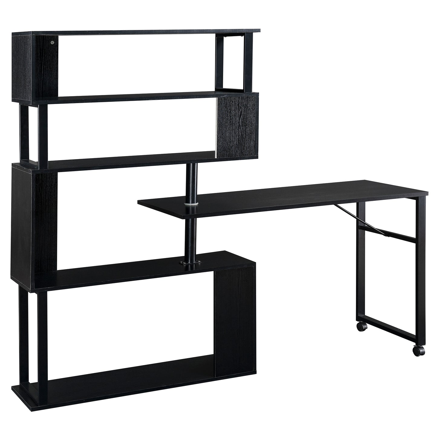 Modern L-Shaped Home Office Desk with Rotating Bookshelf and Lockable Casters