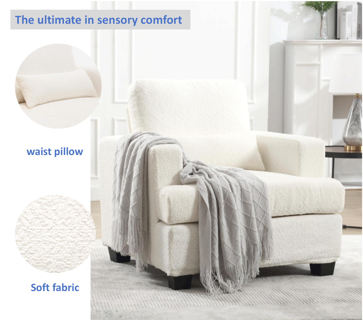 Contemporary 37 Modern Chair with Square Armrest, Removable Back Cushion, and Waist Pillow (White & Gray Fabric)