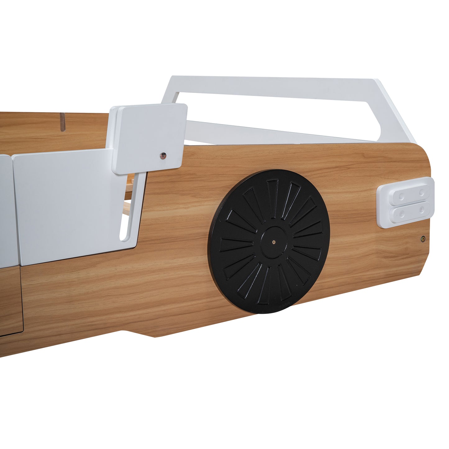 Wood Full Size Racing Car Bed with Door Design and Storage, Natural+White+Black