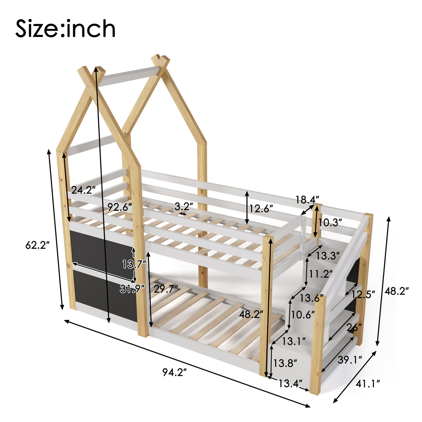 Treehouse Bunk Bed with Storage Staircase and Blackboards