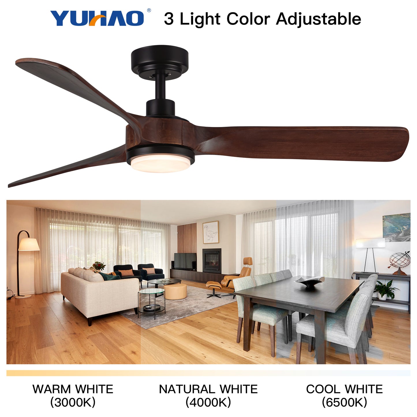 52-inch Dark Brown Wood Ceiling Fan with LED Light Kit and Remote Control