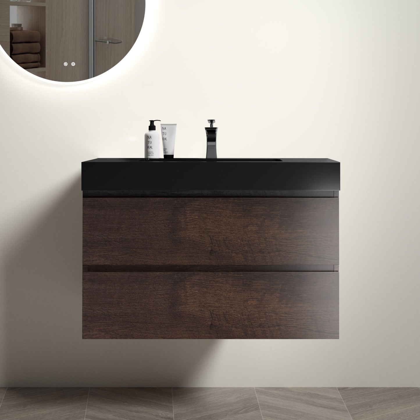 Alice-36W-105,Wall mount cabinet WITHOUT basin,Walnut color,With two drawers