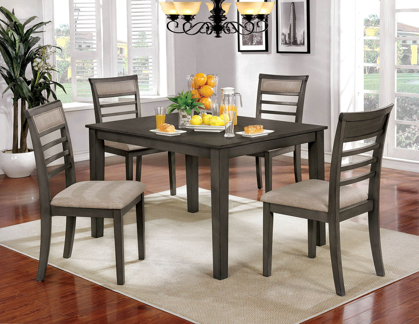 5 Pc Dining Table Set Weathered Gray Dining Chairs & Table Solid wood Beige Padded Fabric Cushions Slat Back Chair Dining Room Furniture