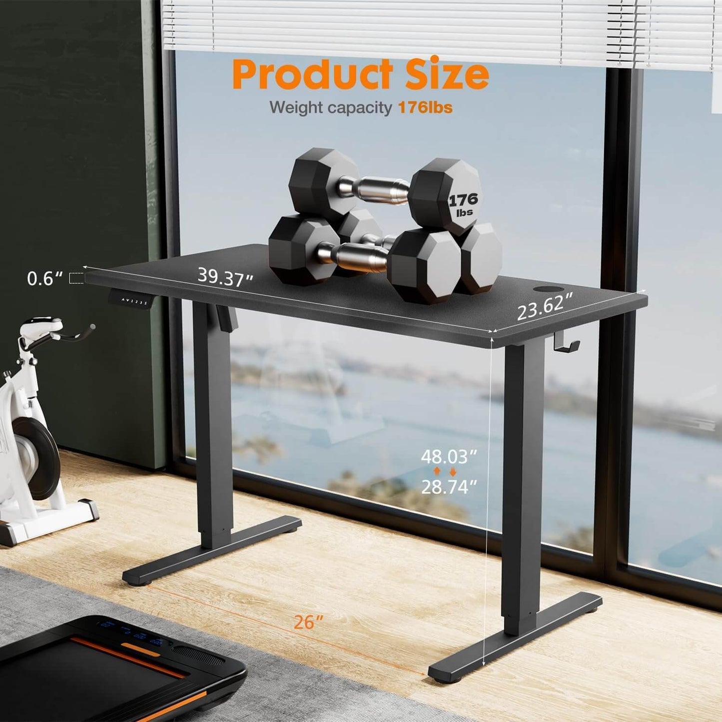 Adjustable Electric Standing Desk with Silent Motor and Storage Hooks, Black, 40'' x 24