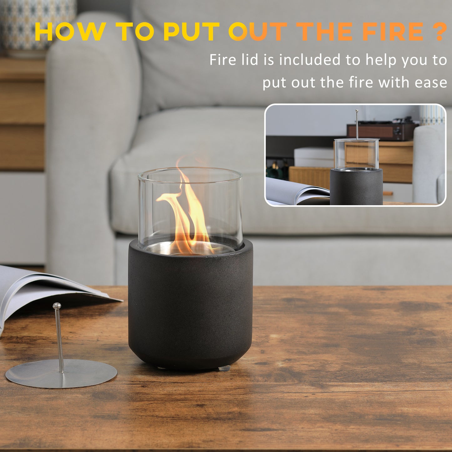 Mini Concrete Ethanol Fire Bowl with Lid, Dark Grey Tabletop Fireplace