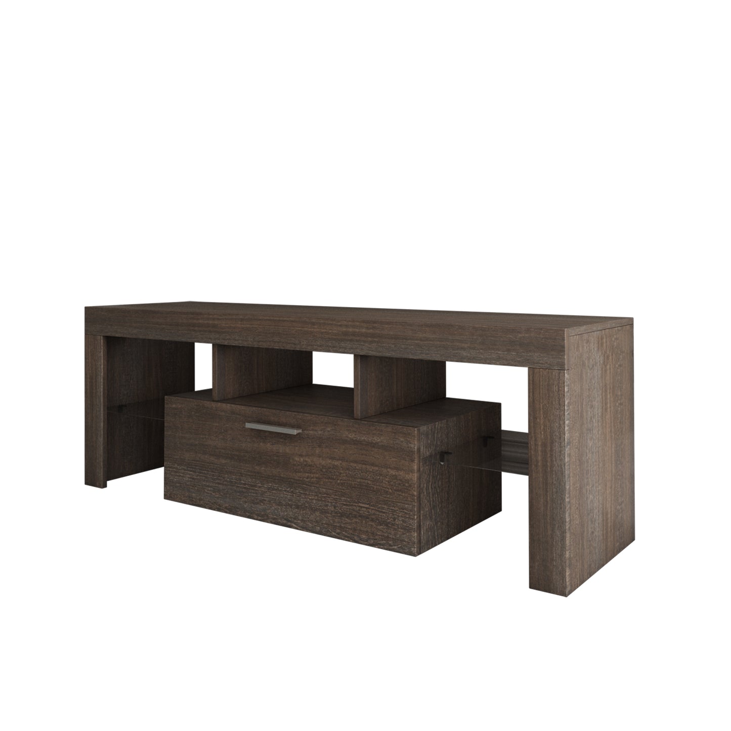 Quick Assembly Modern Brown TV Stand with LED Color Changing Lights and Toughened Glass Shelf