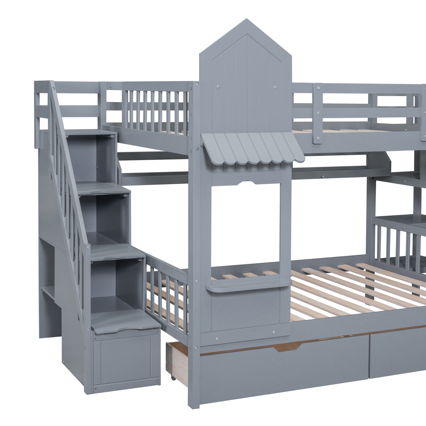 Castle Loft Bunk Bed with Slide, Drawers, and Shelves - Gray: Magical Castle Style Loft Bed with Slide, Drawers, and Shelves