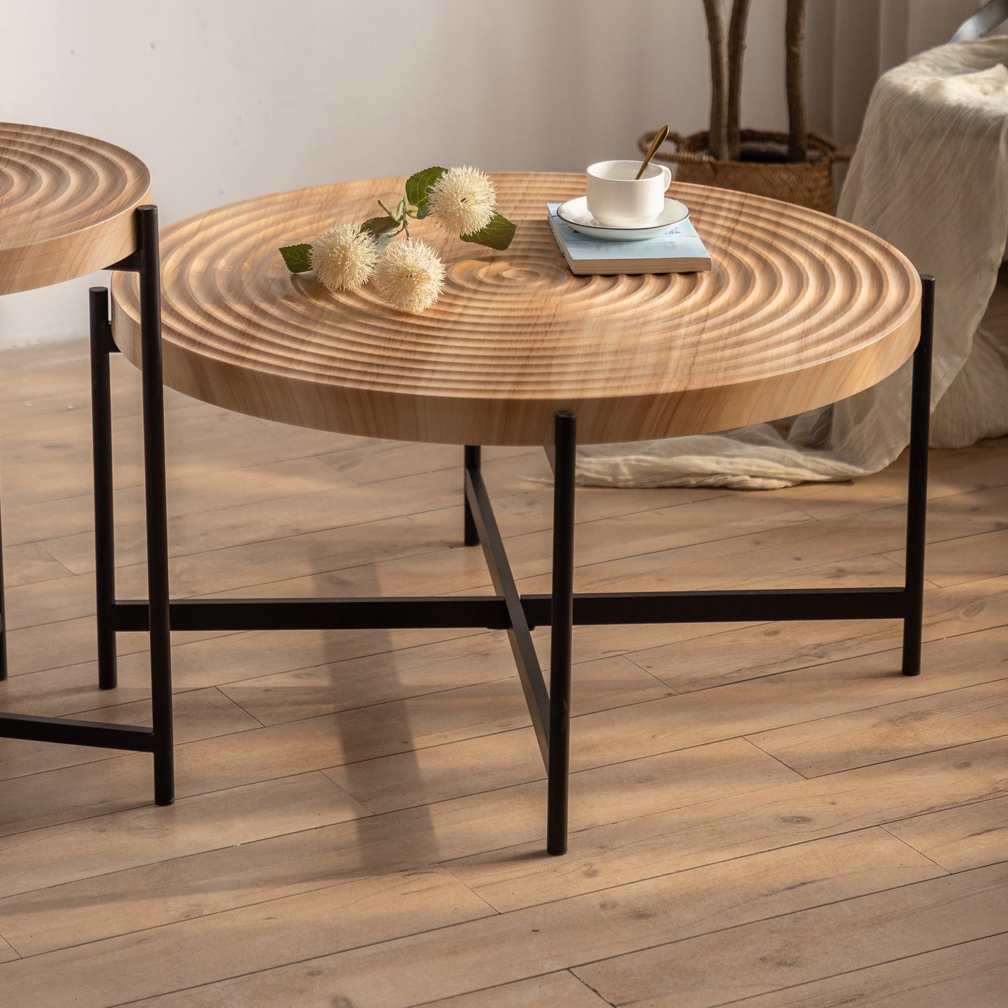 Contemporary Round Coffee Table with Cross Legs Metal Base (Set of 2 pcs)