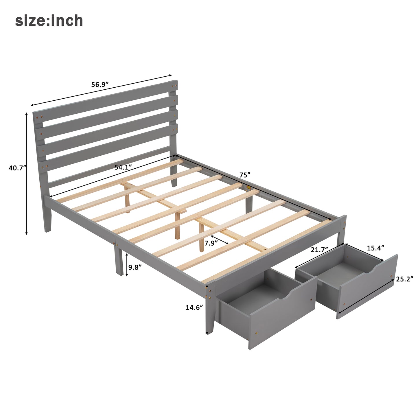 Full Size Platform Bed with Drawers, Gray