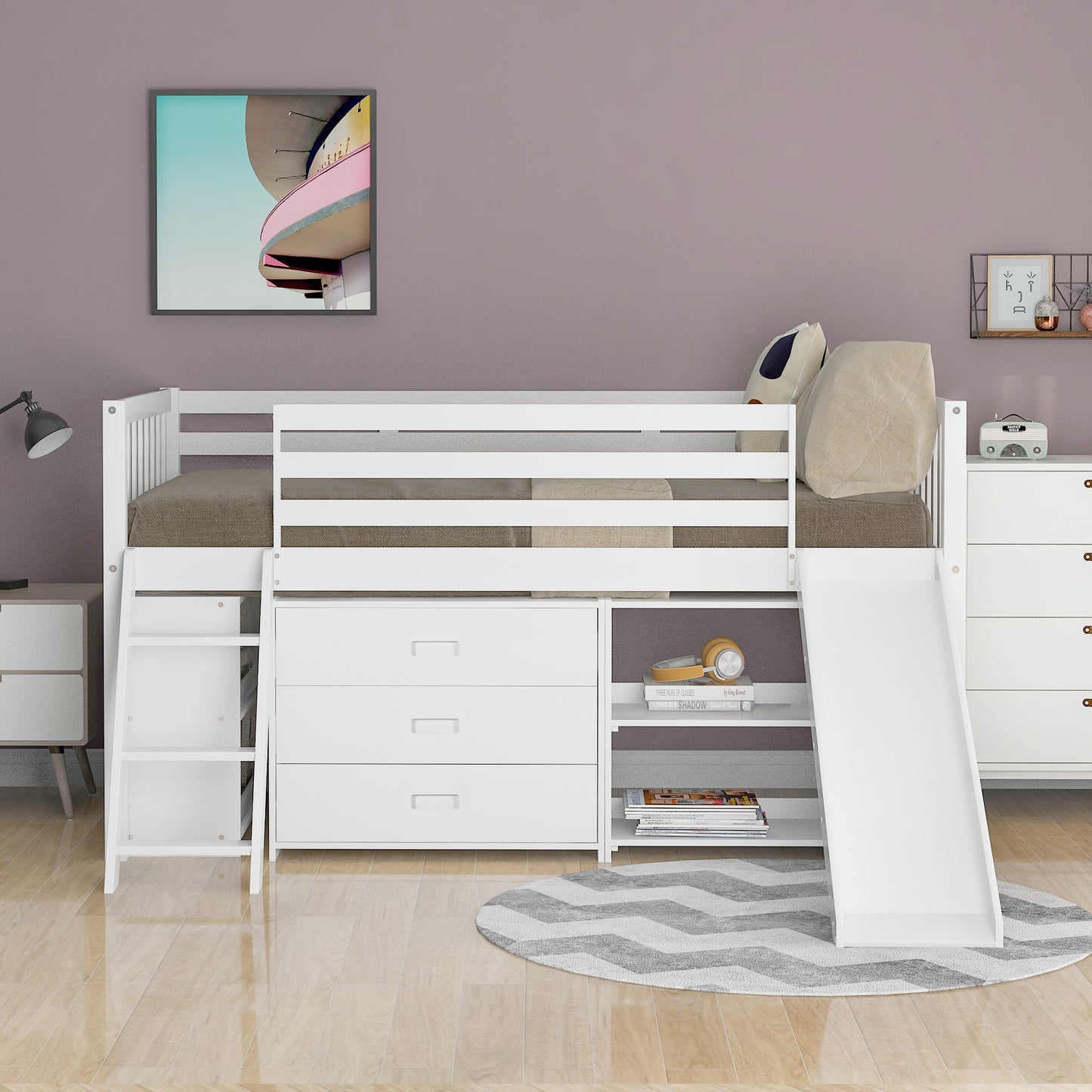 Low Loft Bed with Attached Bookcases and Separate 3-tier Drawers,Convertible Ladder and Slide,Twin,White