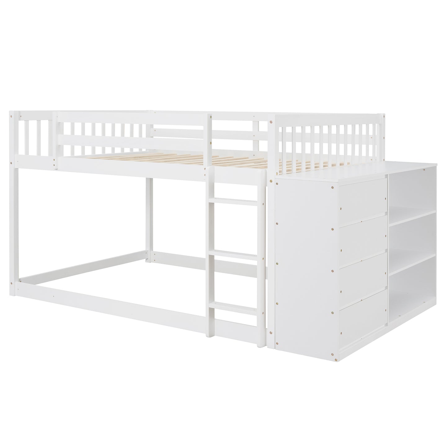 White Full over Full Bunk Bed with Storage, Shelves, and Drawers