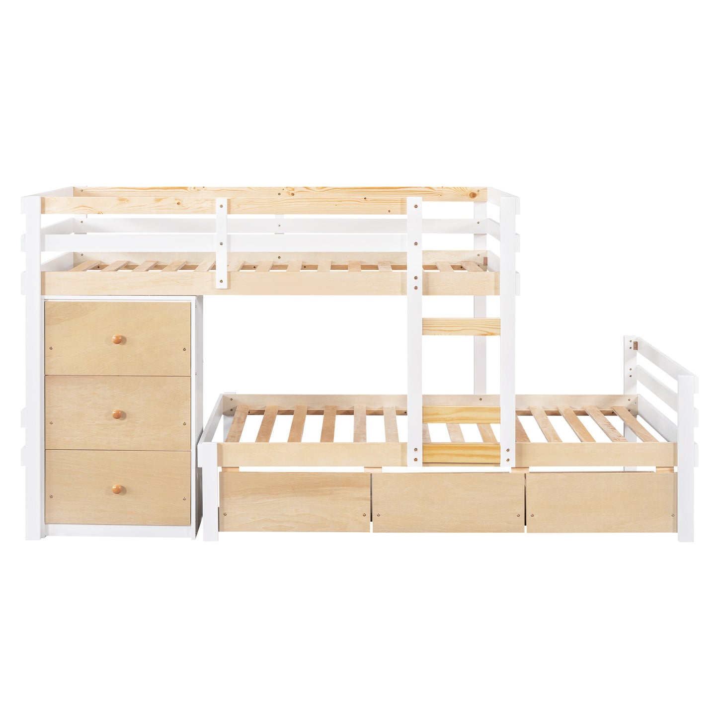 Natural Twin Loft Bunk Bed with Drawers, Ladder, and Dual Sleeping Space