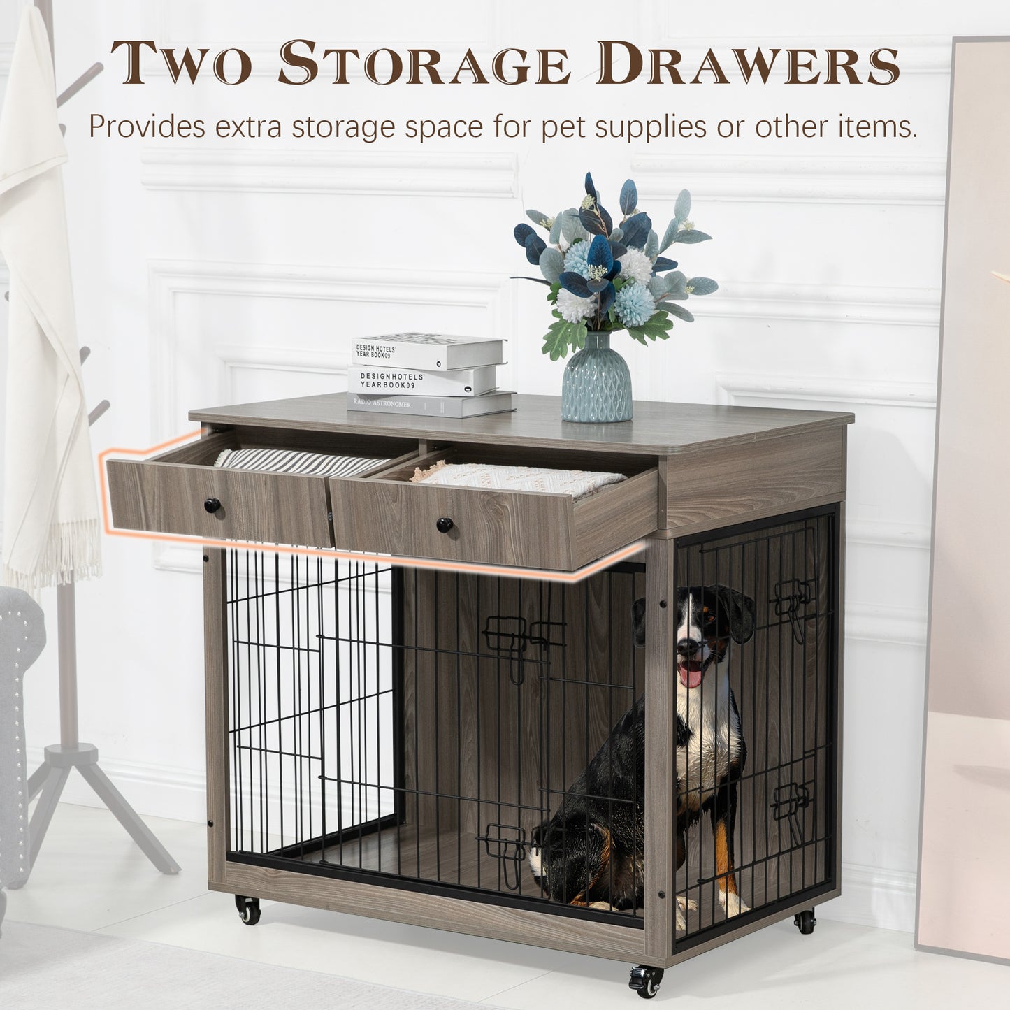 Dog Crate Furniture, Wooden Dog Crate End Table, 38.4 Inch Dog Kennel with 2 Drawers Storage, Heavy Duty Dog Crate, Decorative Pet Crate Dog Cage for Large Indoor Use (Grey) 38.4" L×23.2" W×35" H