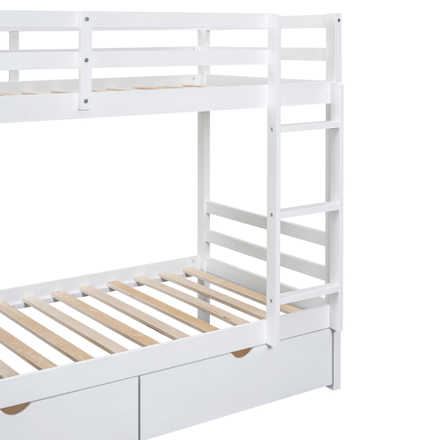 White Twin Bunk Bed with Tree Design and Storage Drawers