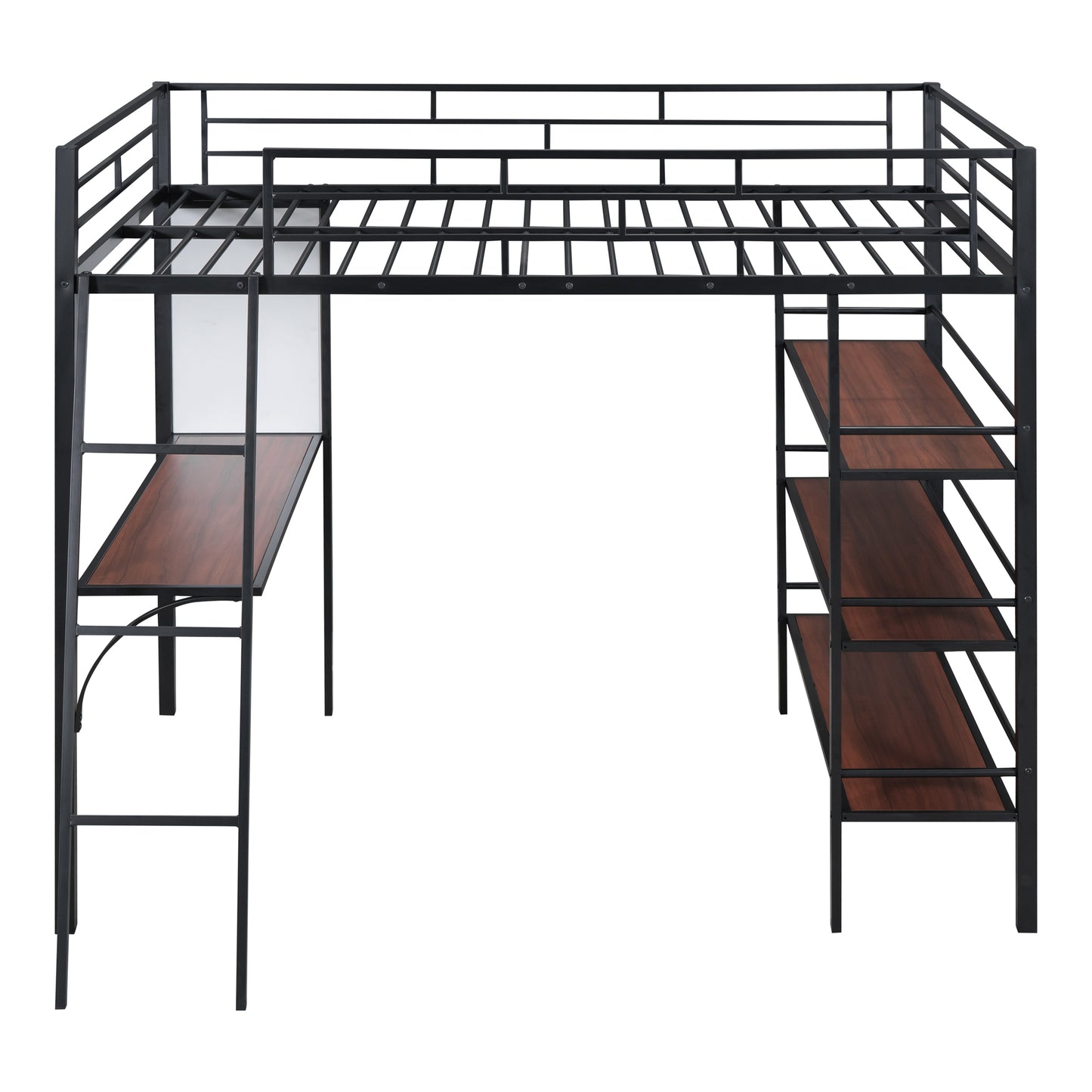 Full Size Loft Metal Bed with 3 Layers of Shelves and Desk, Stylish Metal Frame Bed with Whiteboard, Black