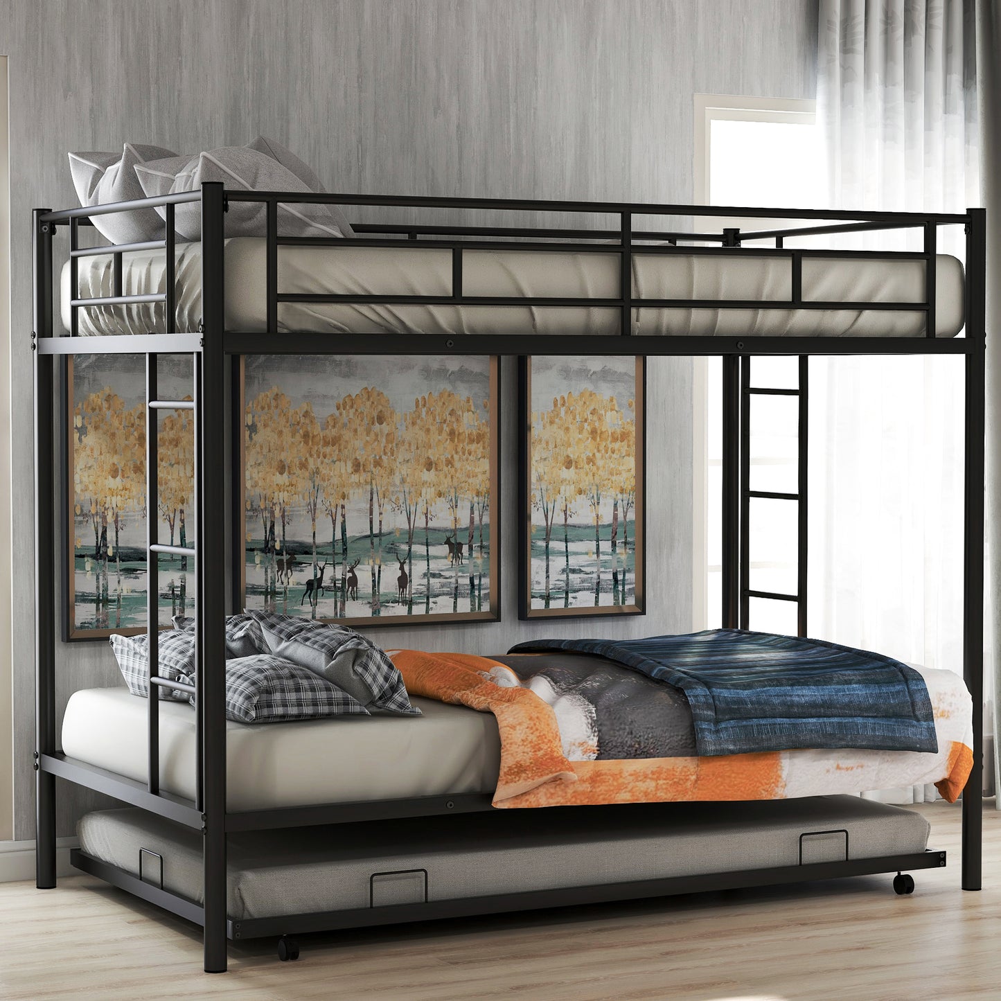 Twin Bunk Bed with Trundle - Space-Saving Black Design