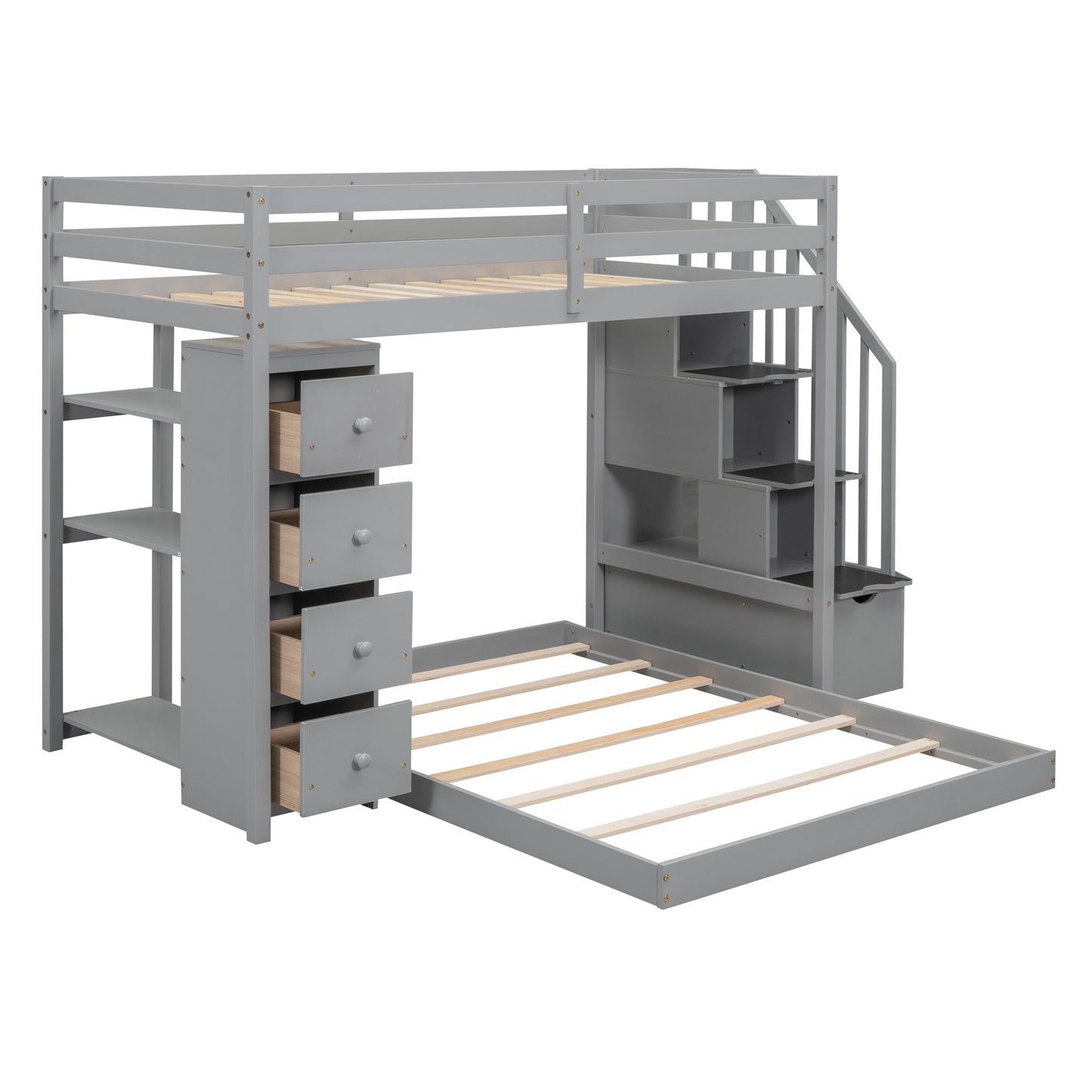 Space-Saving Gray Bunk Bed with Storage Stairs and Versatile Features